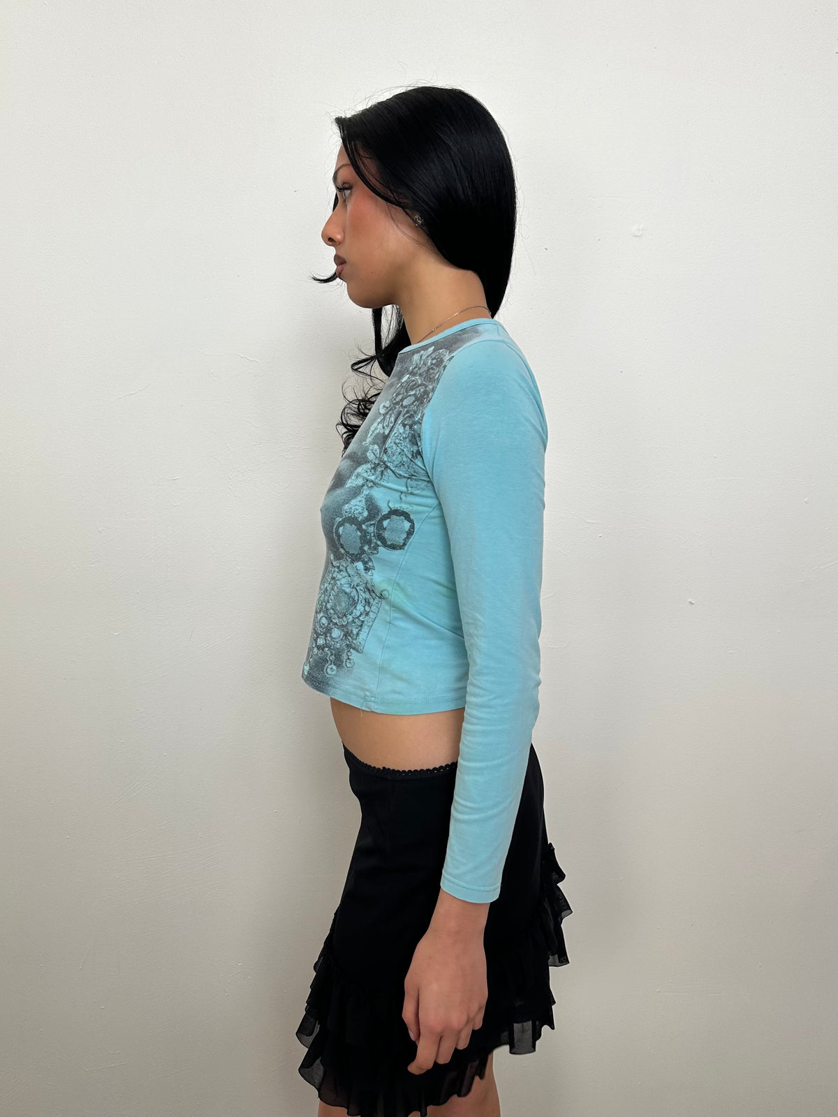 Turquoise Blue Graphic Long Sleeve Top - Size M