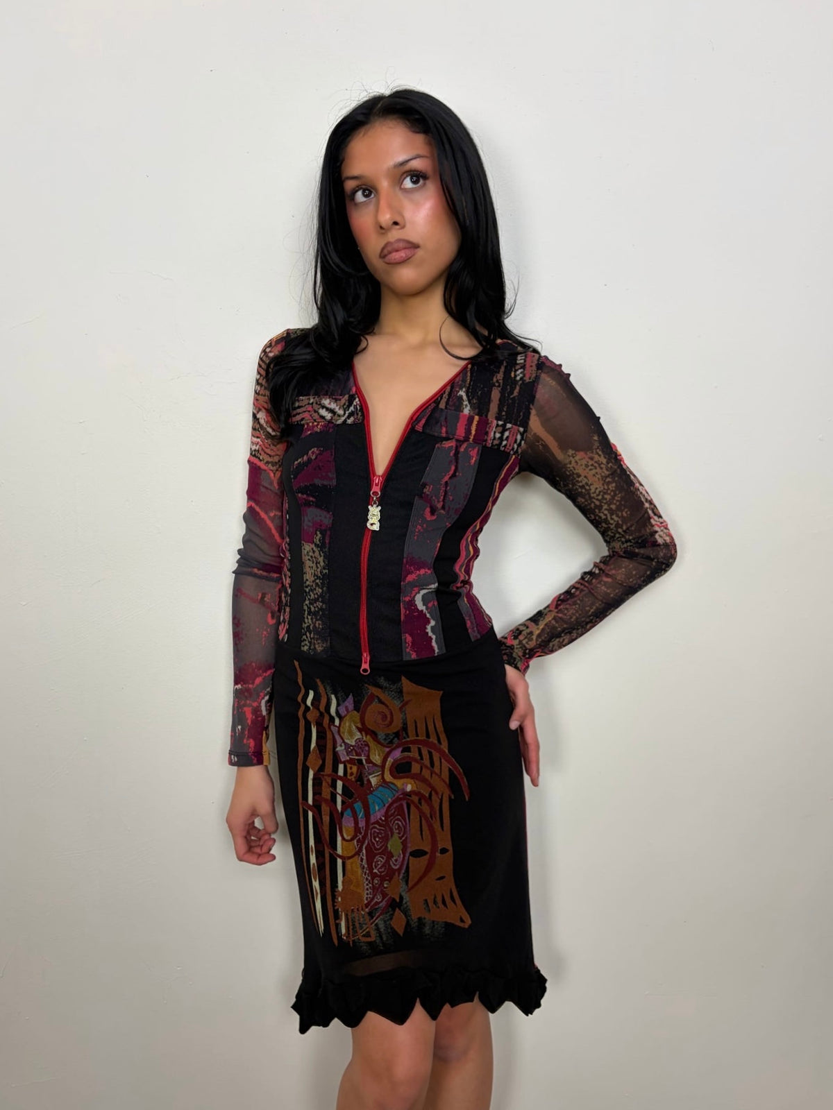 Save The Queen Black & Multicoloured Printed Mesh Dress - Size M