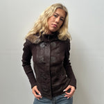 Chocolate Brown Faux Fur Hood Ribbed Jacket - Size S