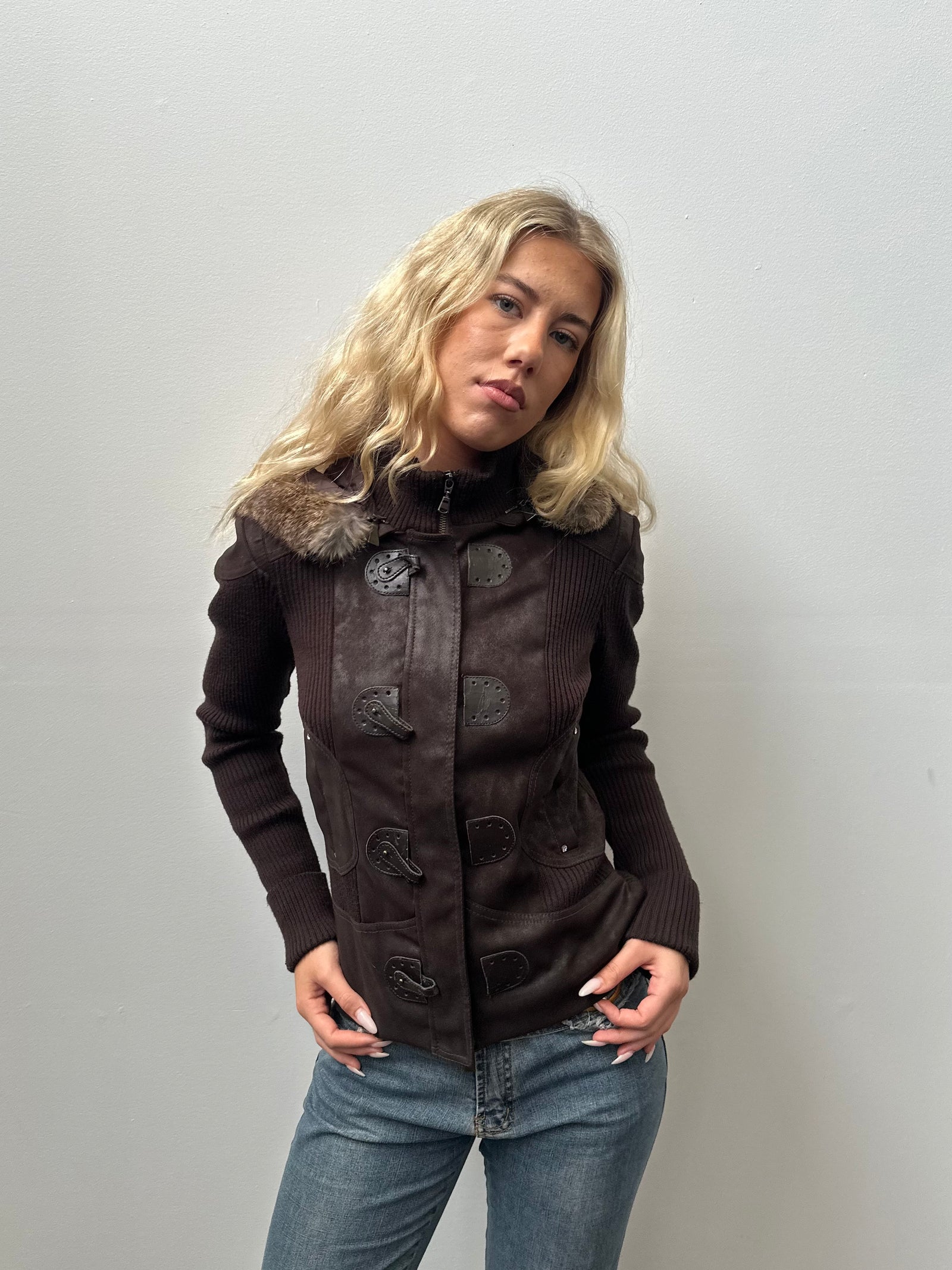 Chocolate Brown Faux Fur Hood Ribbed Jacket - Size S