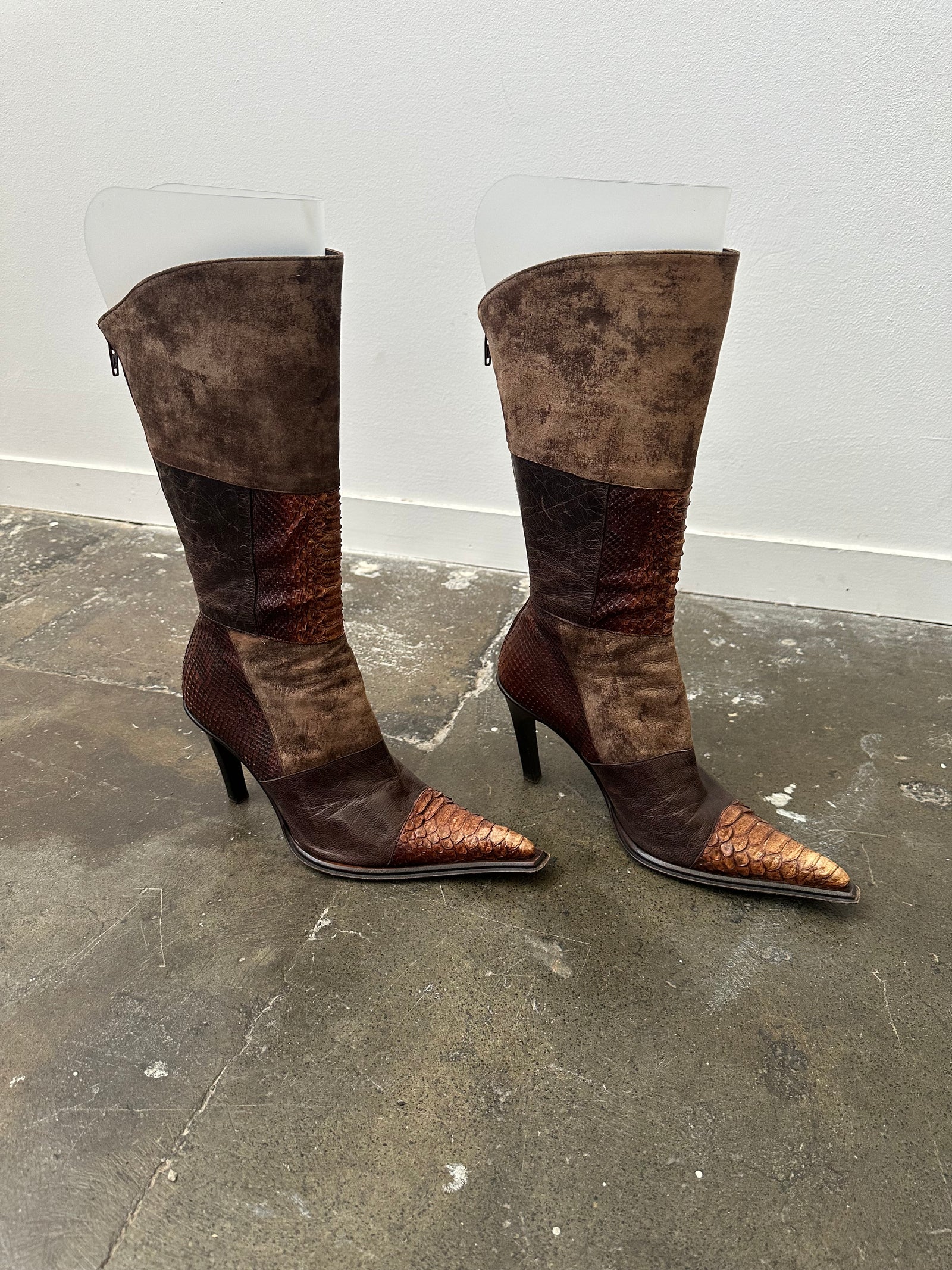 Brown Patchwork Leather Stiletto Heeled Boots - Size EU 38.5