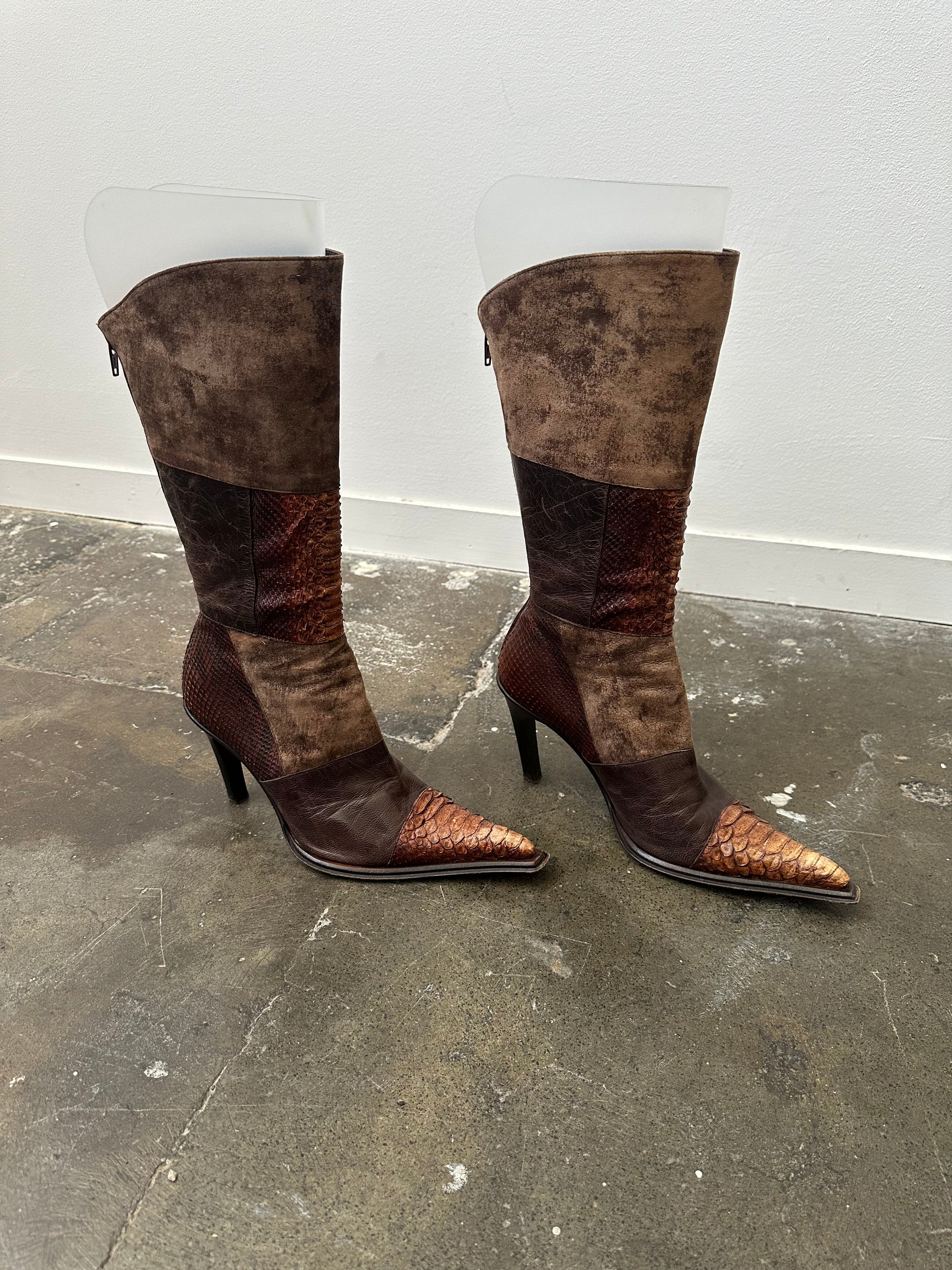 Brown Patchwork Leather Stiletto Heeled Boots - Size EU 38.5
