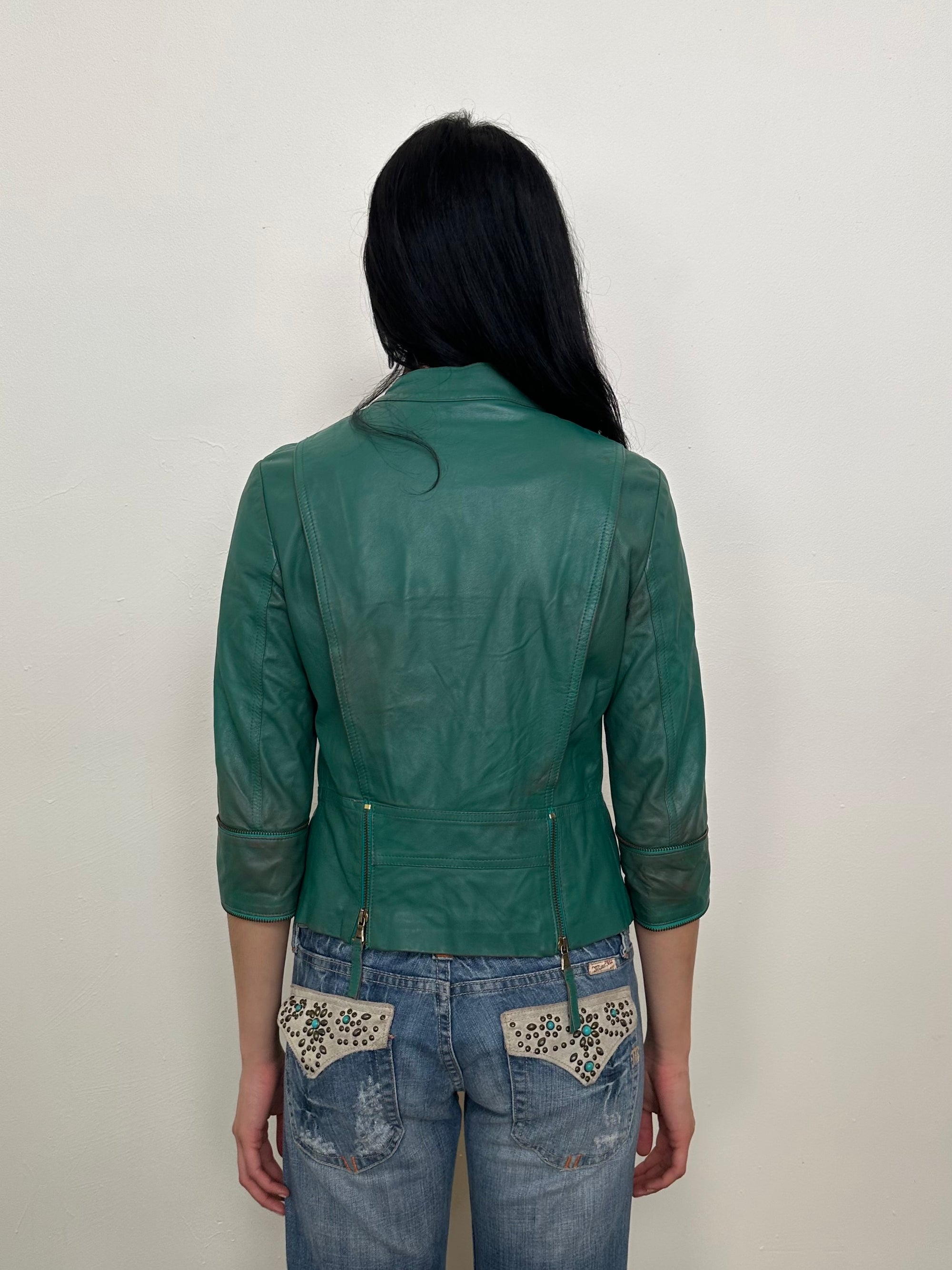 Teal 3/4 Sleeve Leather Moto Jacket - Size S
