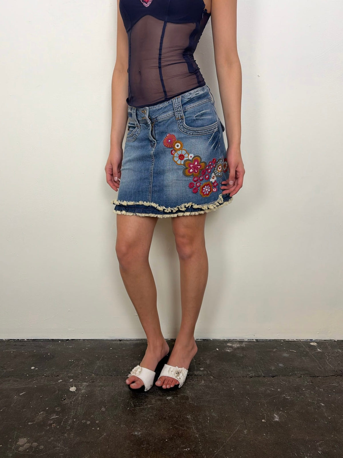 Moschino Floral Embroidered Denim Mini Skirt- Size S