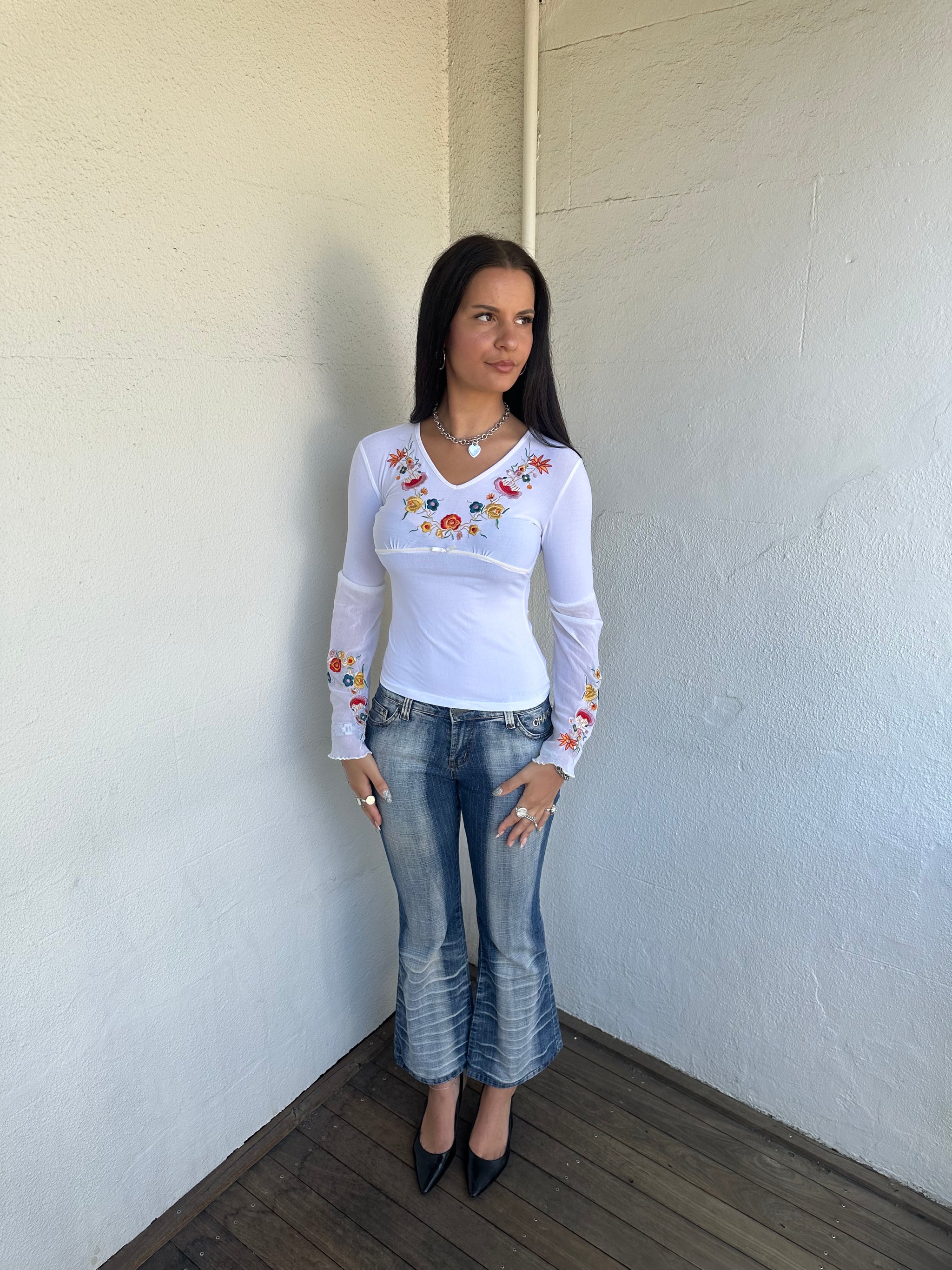 Boho White Embroidered Long Sleeve Top - Size M