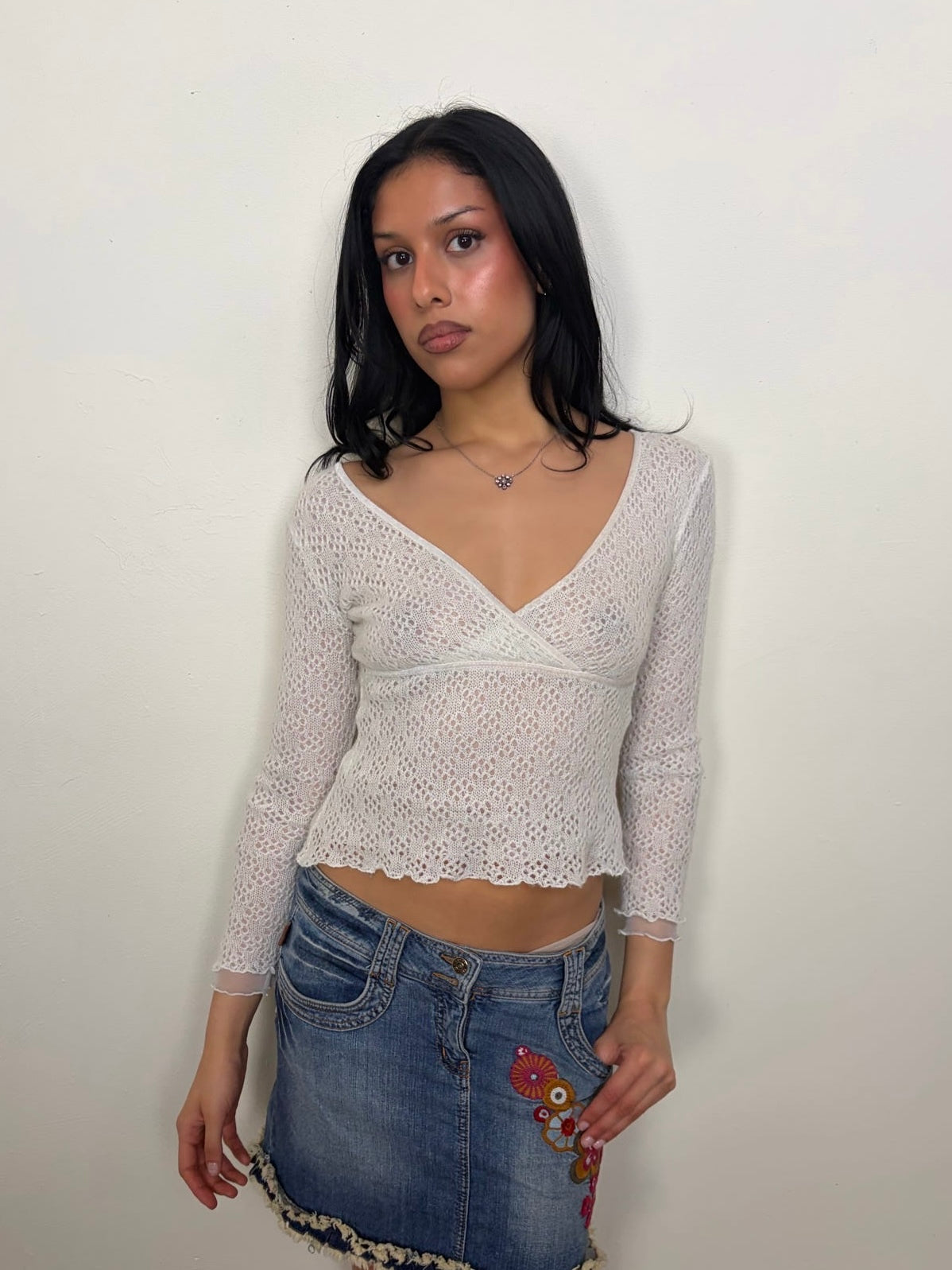 White Knitted Long Sleeve Top - Size S