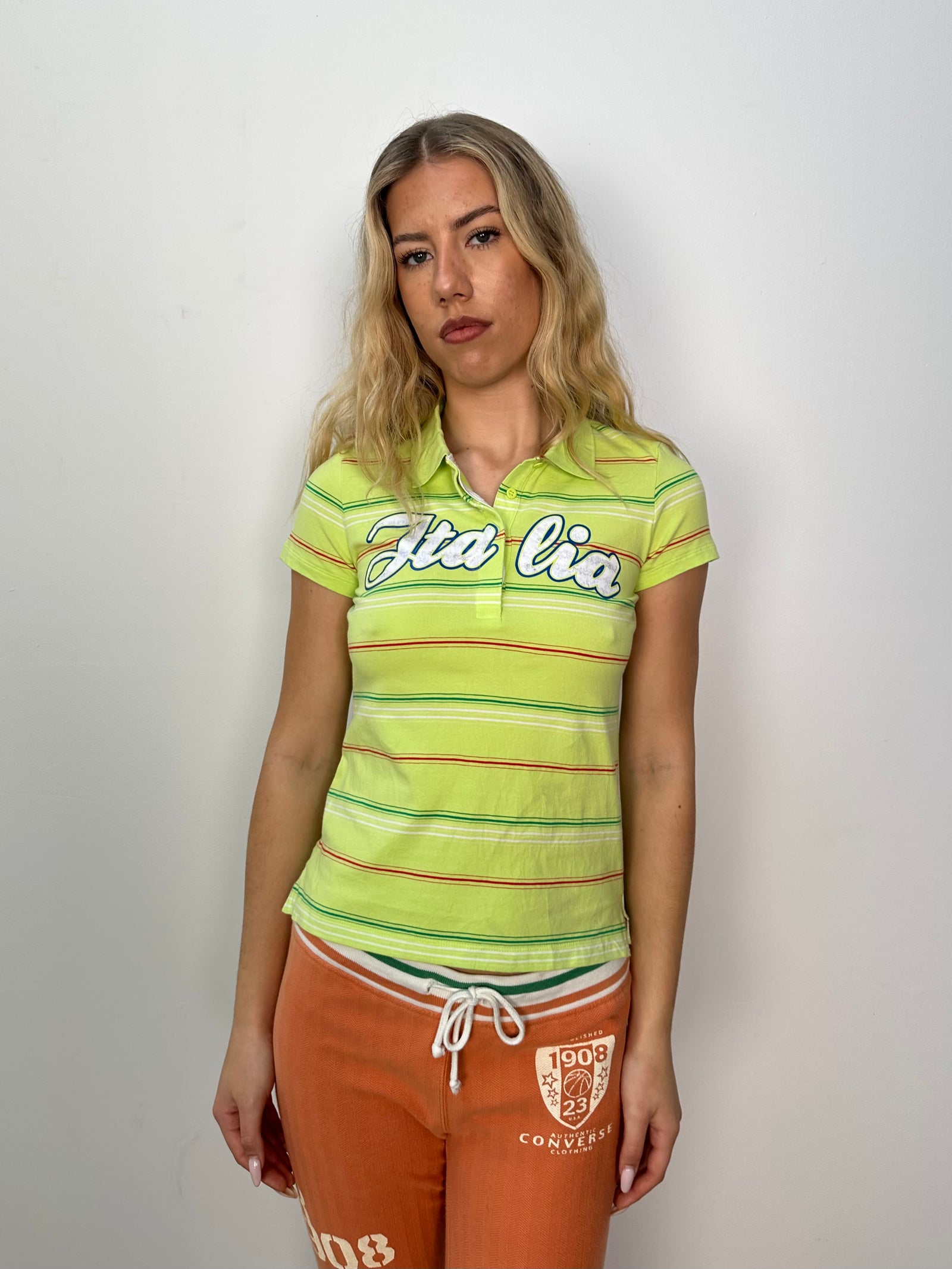 Italia Green & Orange Stripe Polo Top - Size M