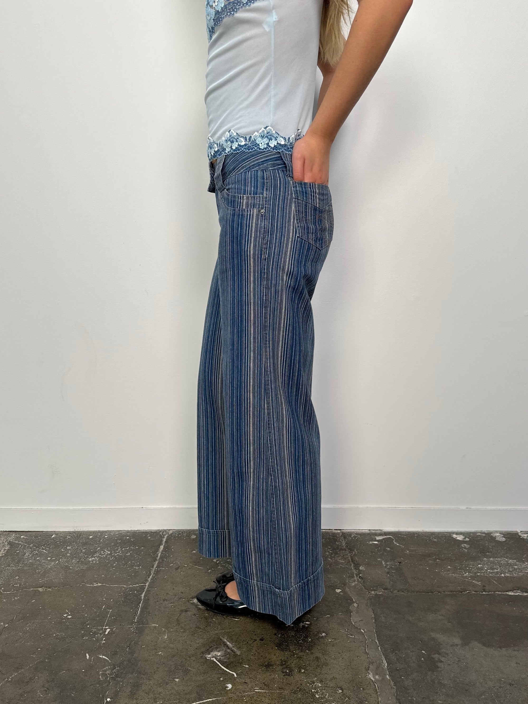 Low-rise Fine Stripe Blue Denim Wide Leg Jeans - Size M