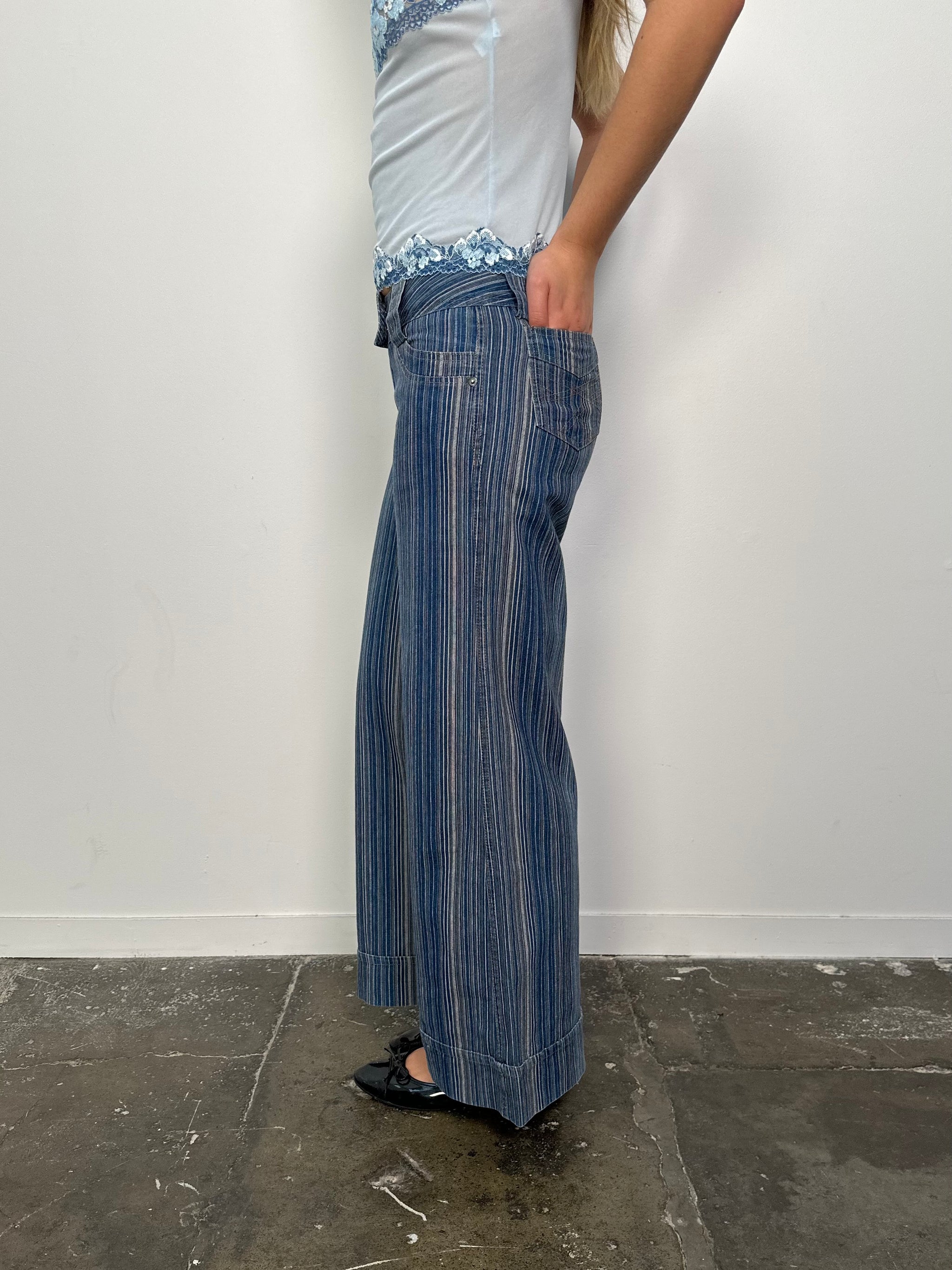 Low-rise Fine Stripe Blue Denim Wide Leg Jeans - Size M