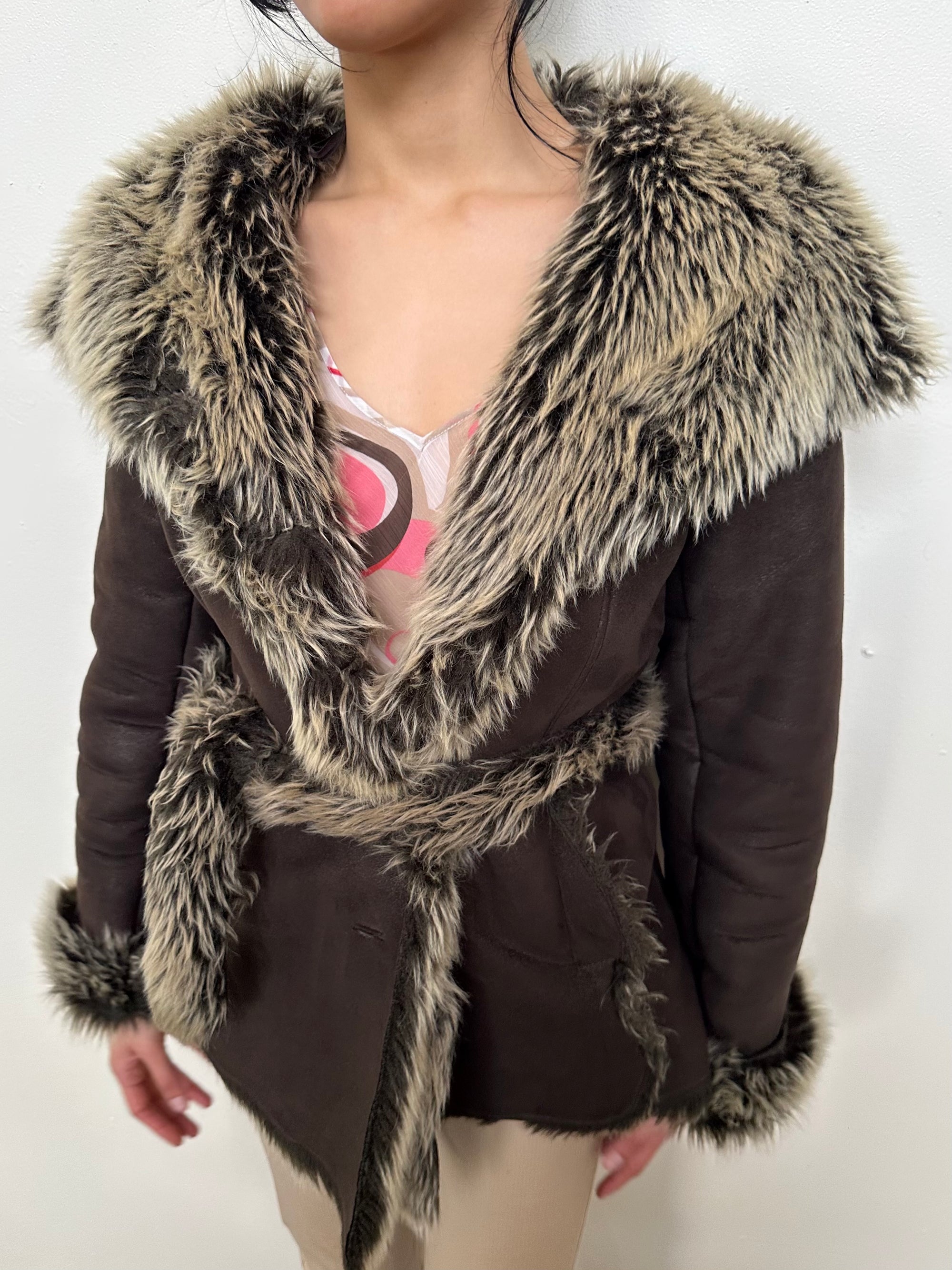 Brown Faux Fur Hooded Jacket - Size M