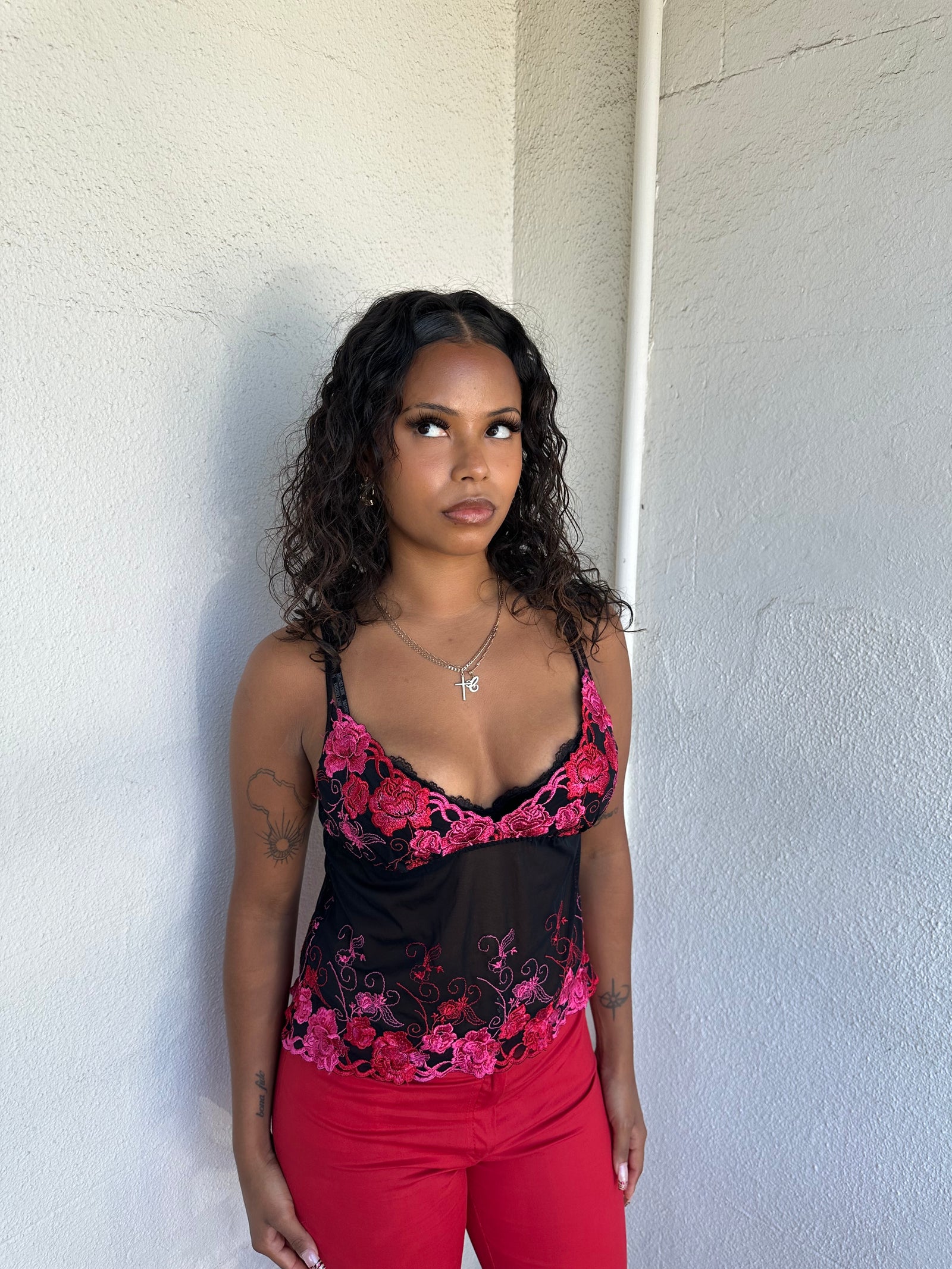 Red & Pink Embroidered Mesh Cami - Size S