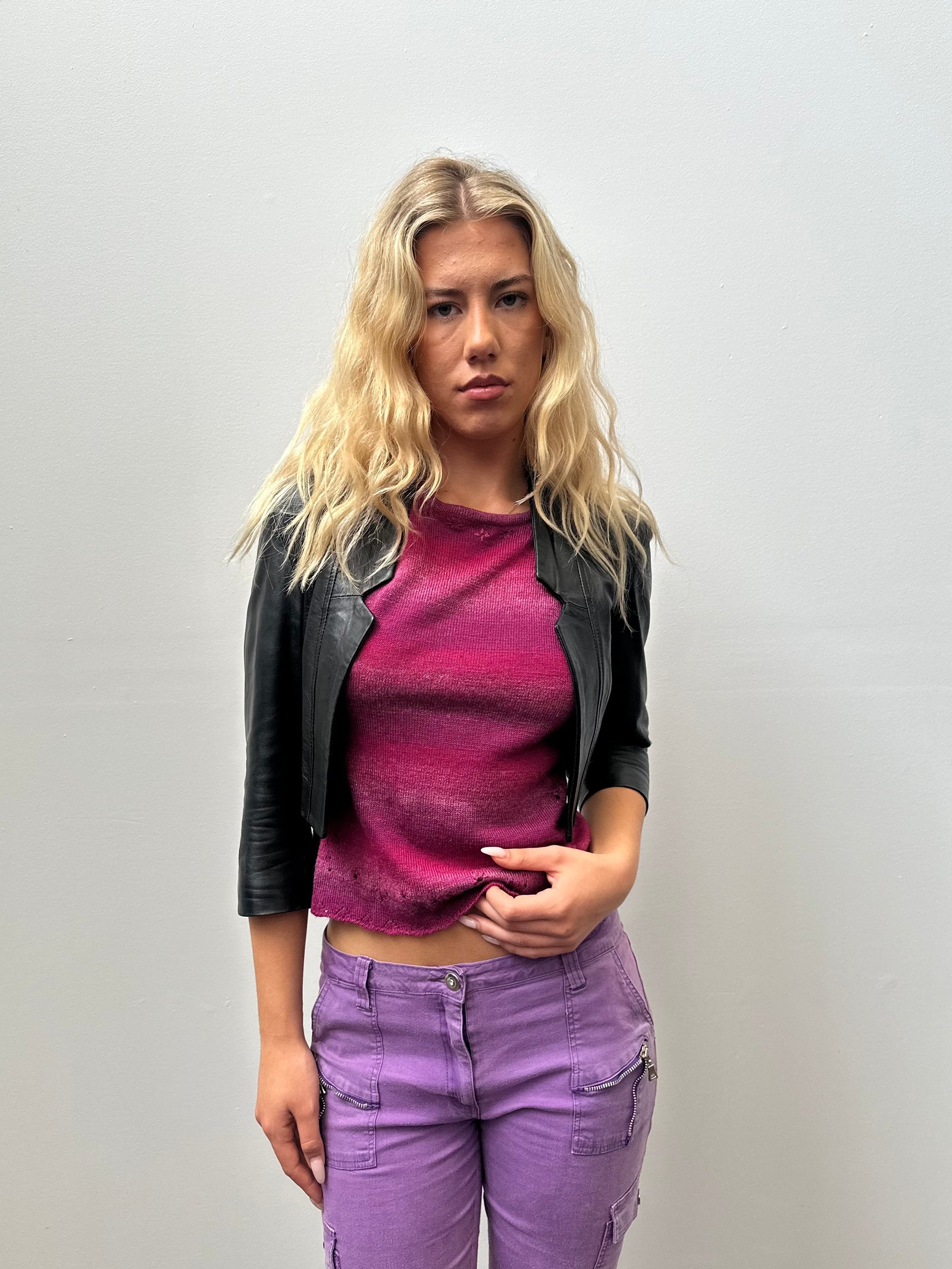 Cropped Black Leather Jacket - Size S