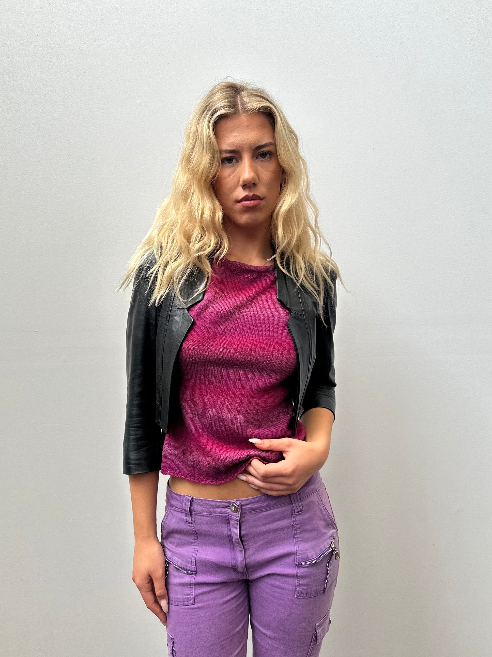 Cropped Black Leather Jacket - Size S