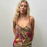 90s Green & Pink Beaded Silk Cami Top - Size M