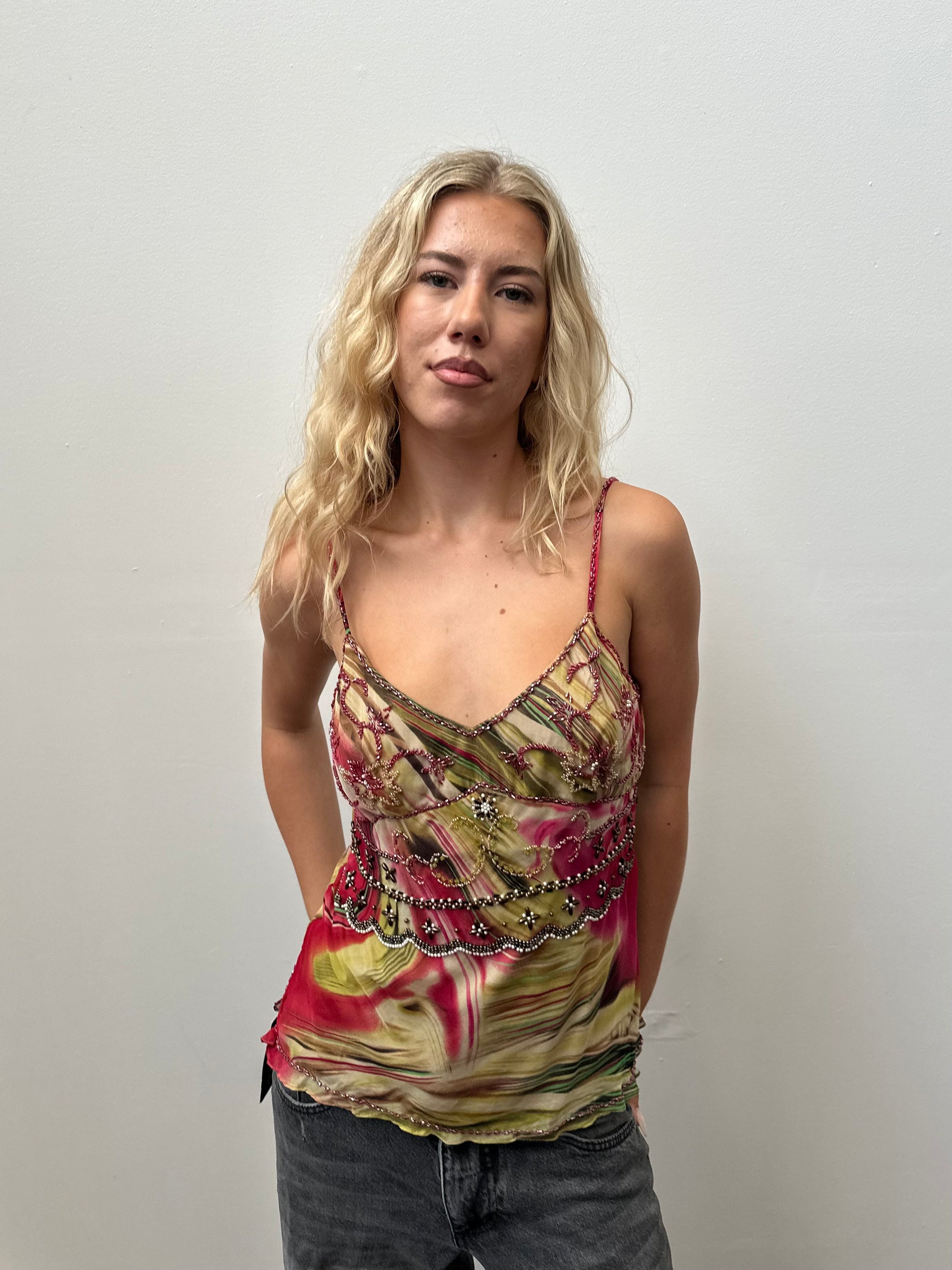 90s Green & Pink Beaded Silk Cami Top - Size M