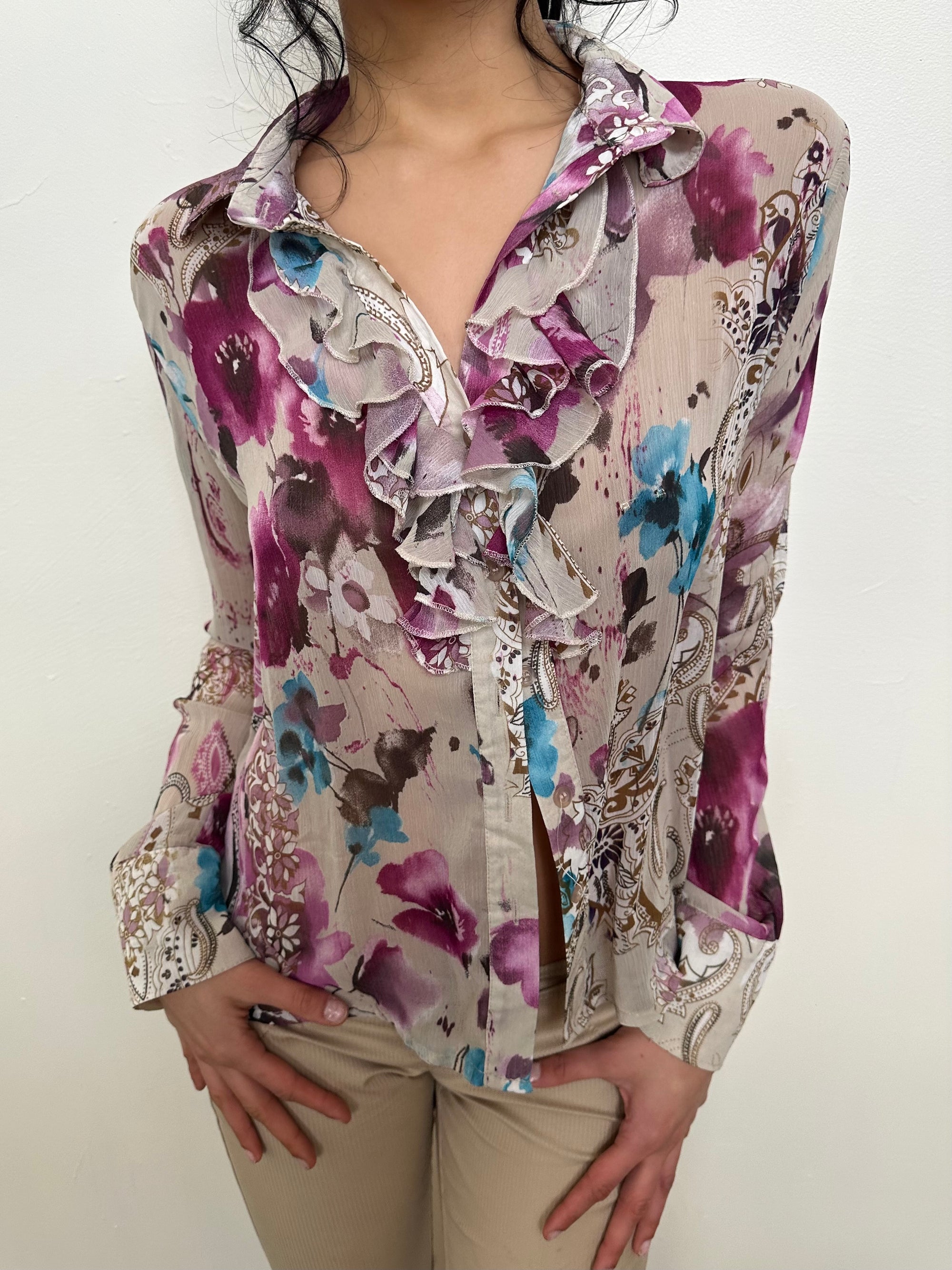 Beige & Purple Floral Ruffle Blouse - Size M
