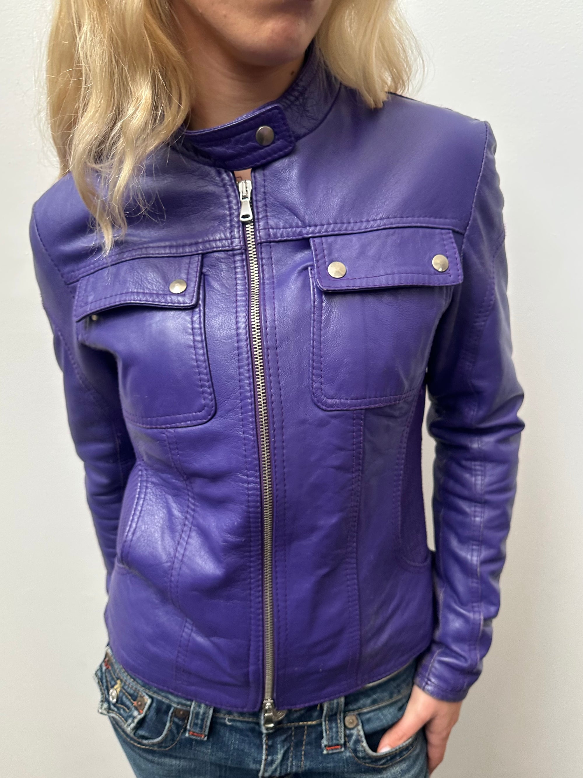 Purple Leather Biker Jacket - Size M