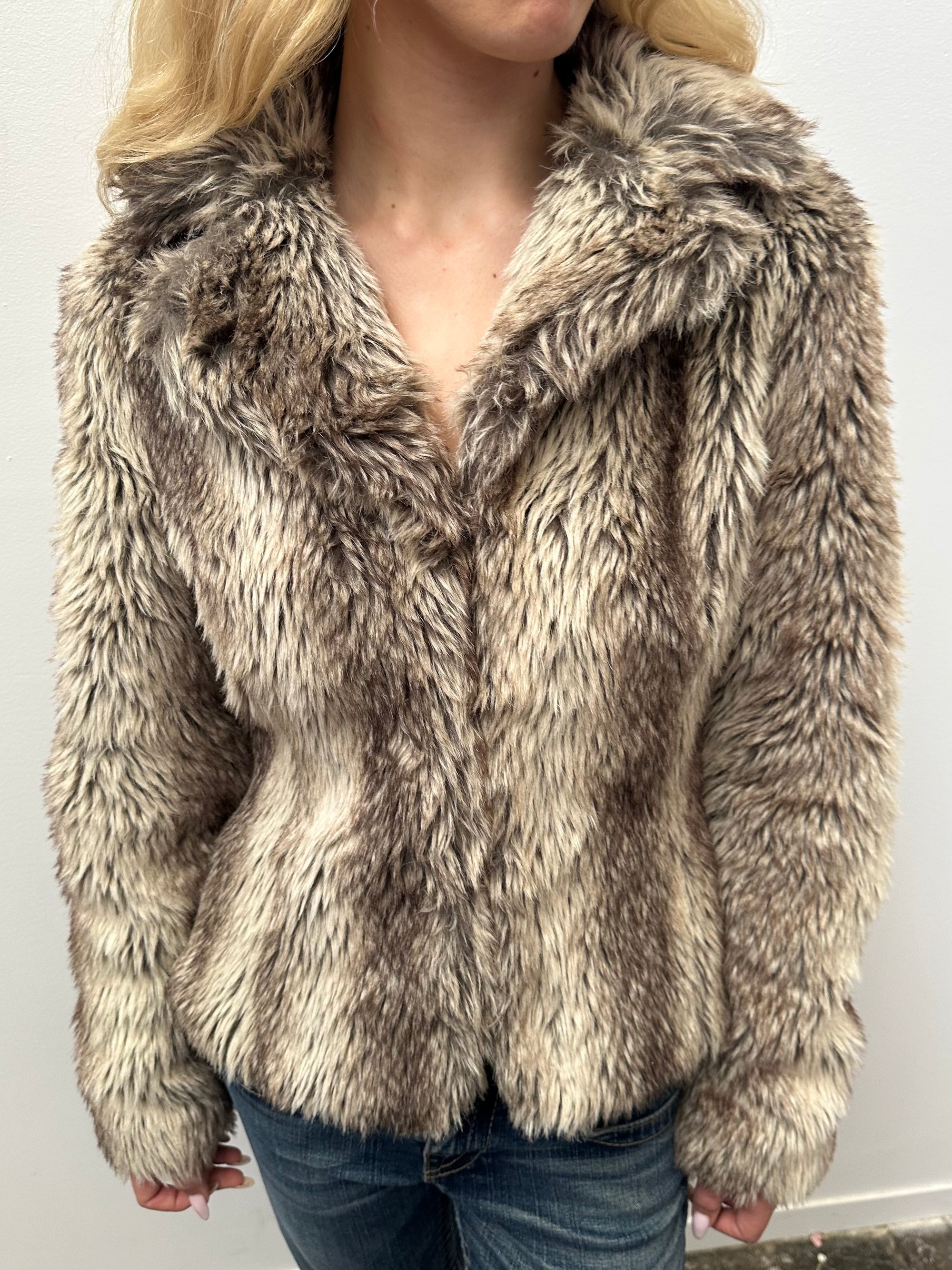 Tipped Brown & Grey Faux Fur Jacket - Size M