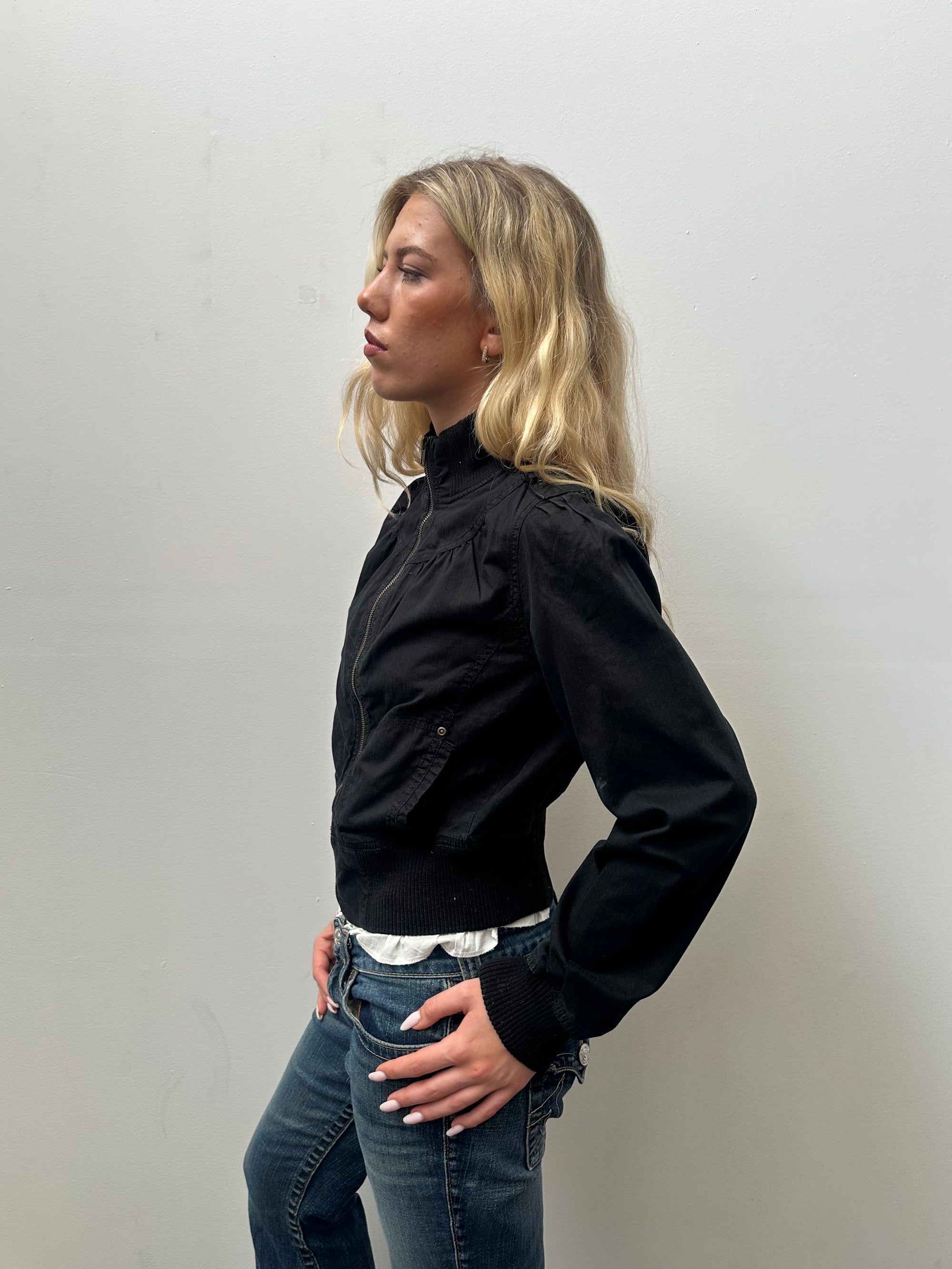Black Balloon Gathered Zip Up Jacket - Size M