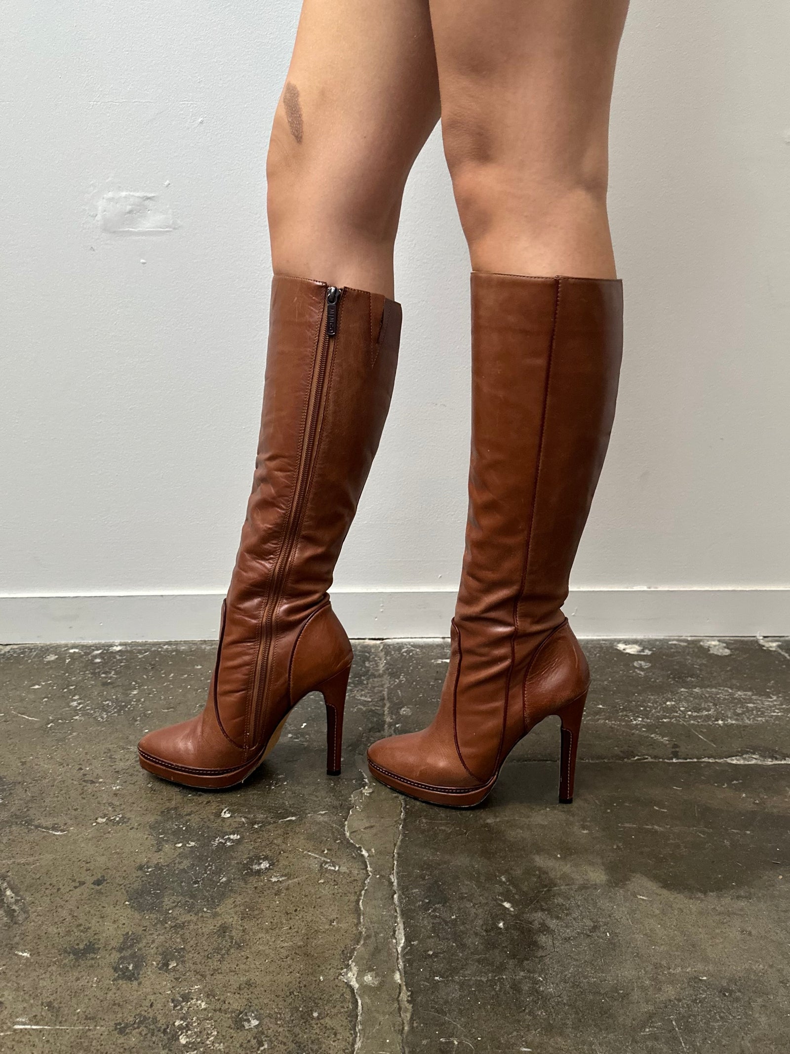 Brown Leather Stiletto Boots - Size 7