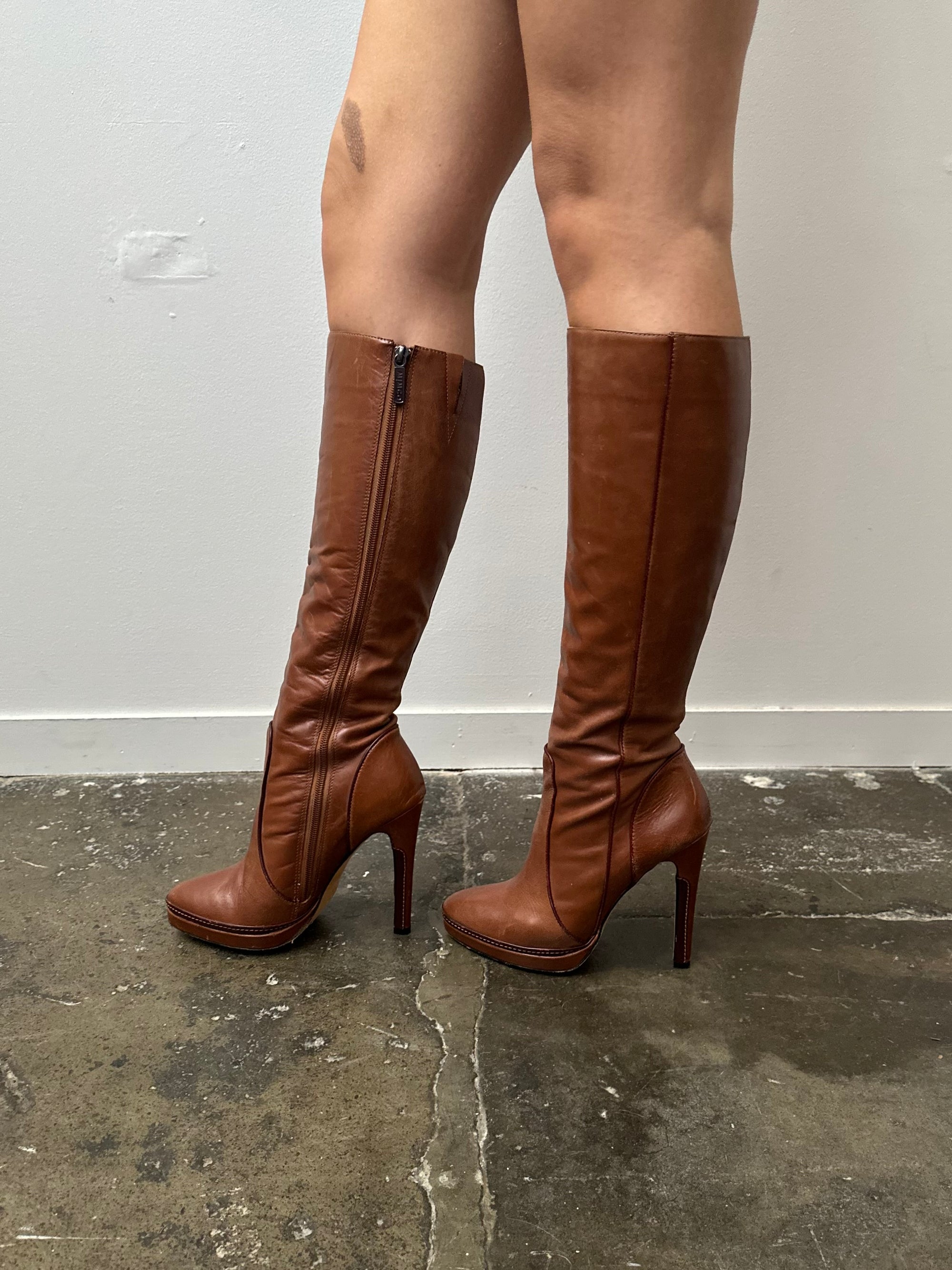 Brown Leather Stiletto Boots - Size 7