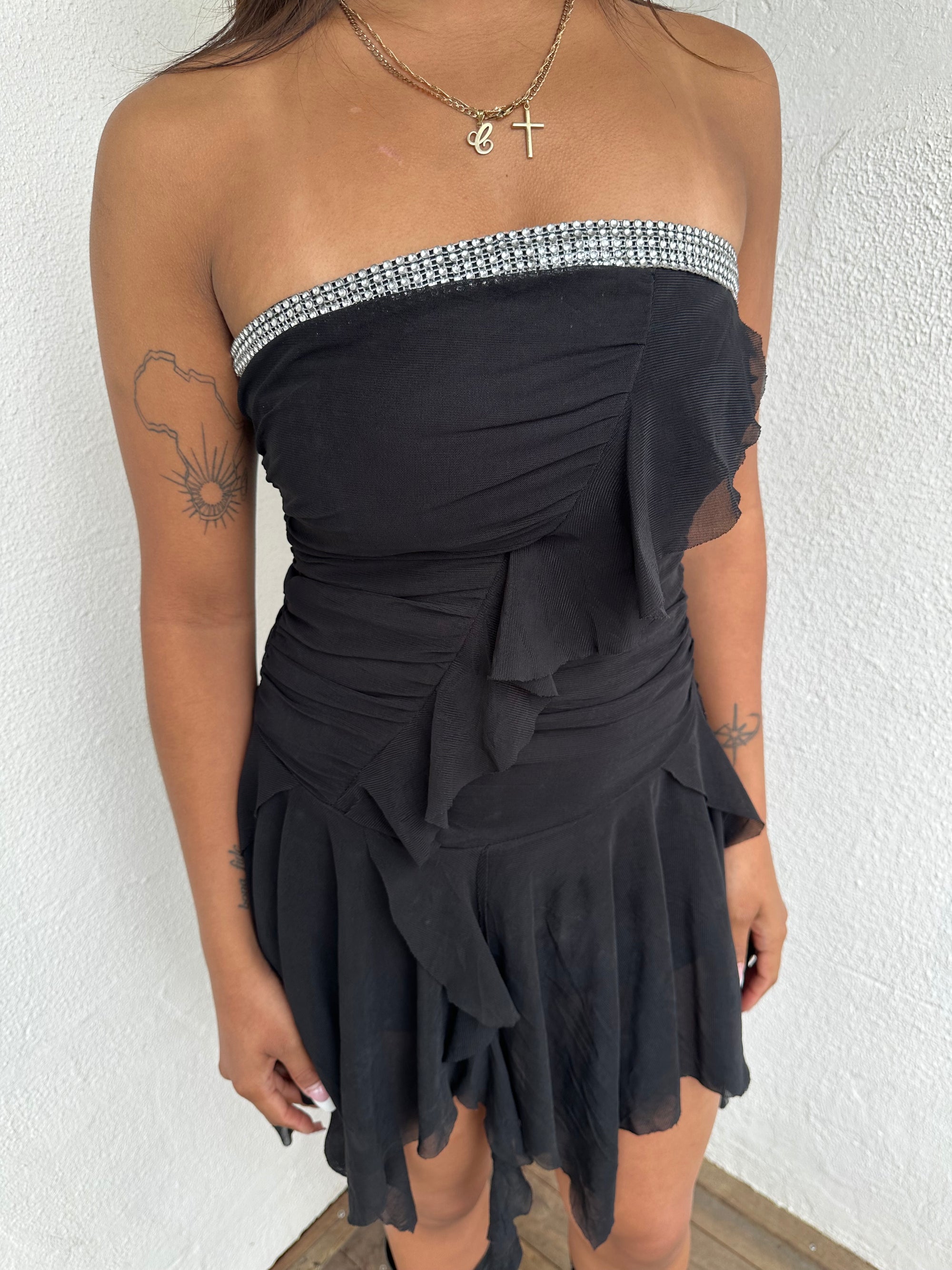 Black Mesh Strapless Ruffled Mini Dress