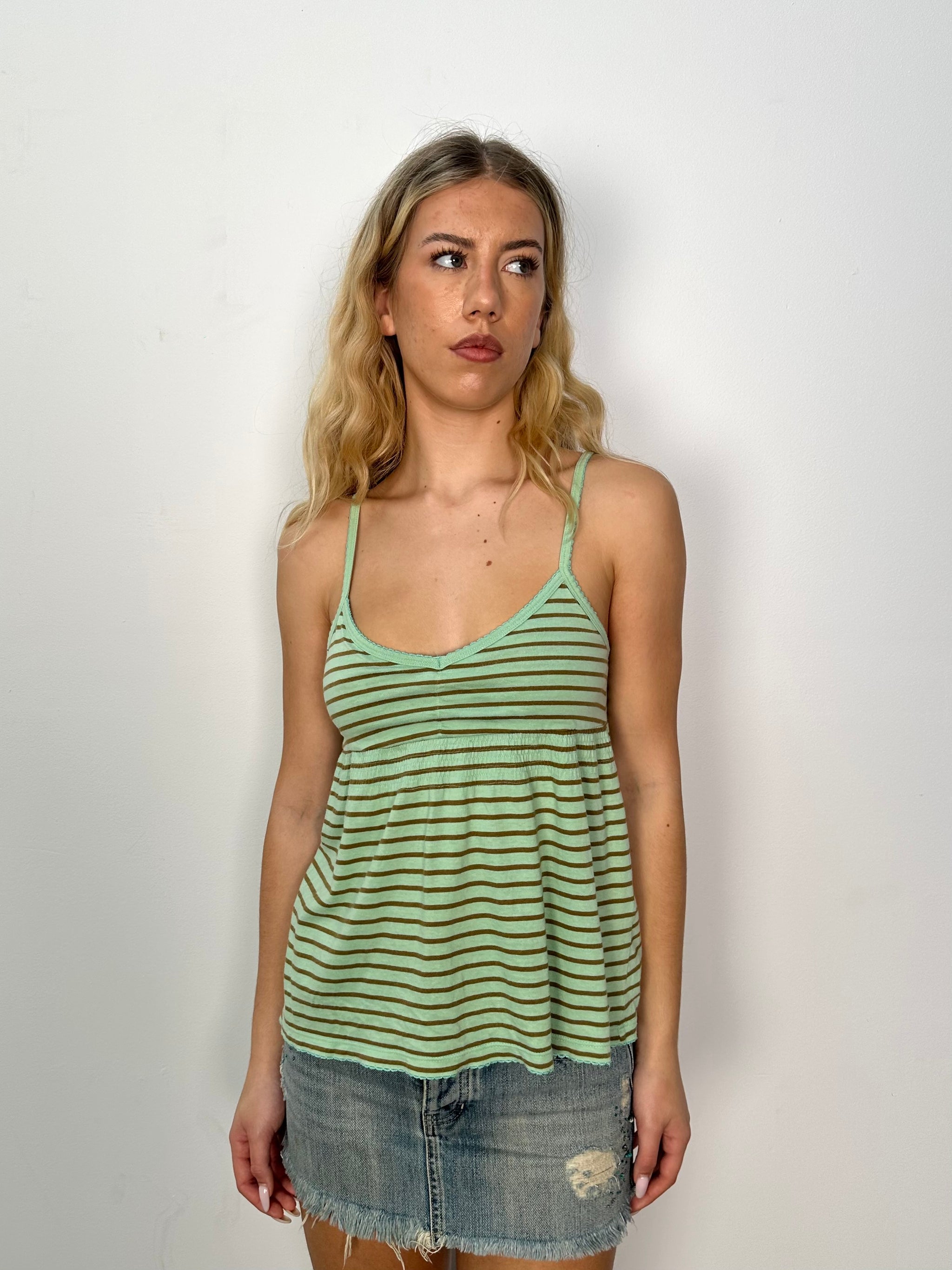 Green & Brown Striped Cami Top - Size S