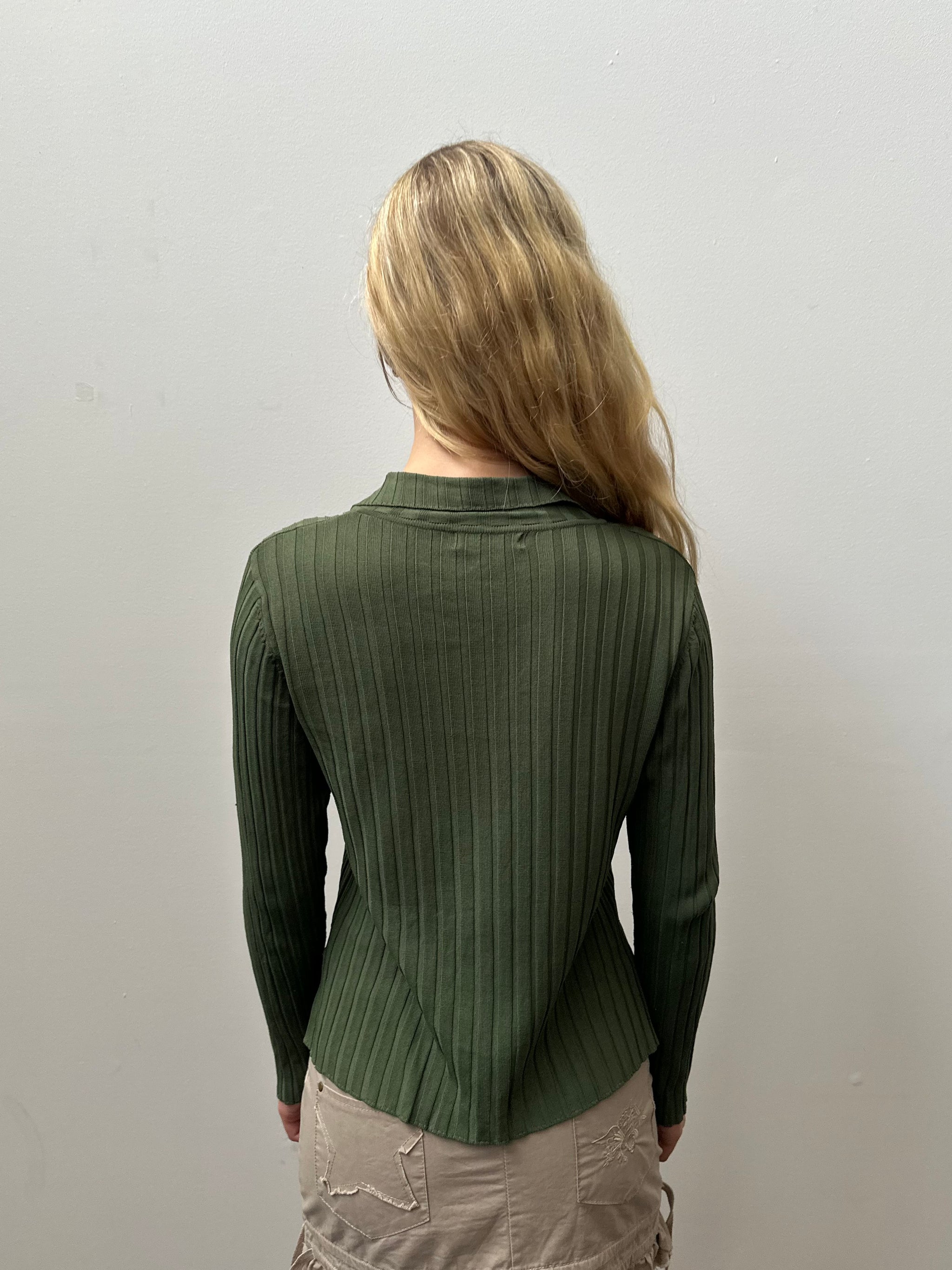Green Ribbed Rhinestone Zip Up Shirt - Size M