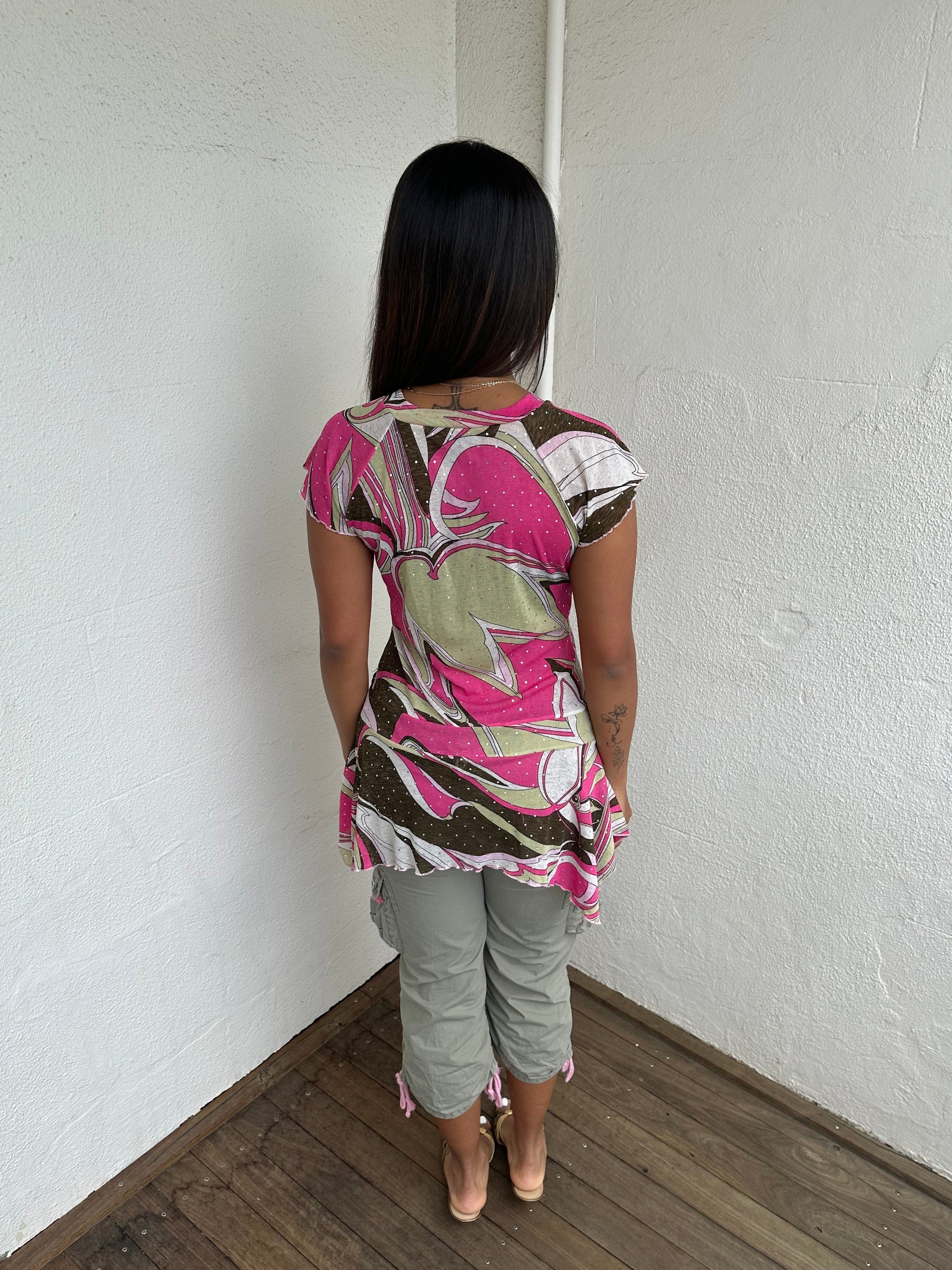 Pink & Brown Sparkly Mesh Asymmetric Top