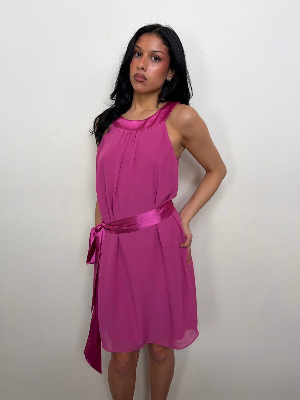 Hot Pink Satin Tie Midi Dress - Size M/L