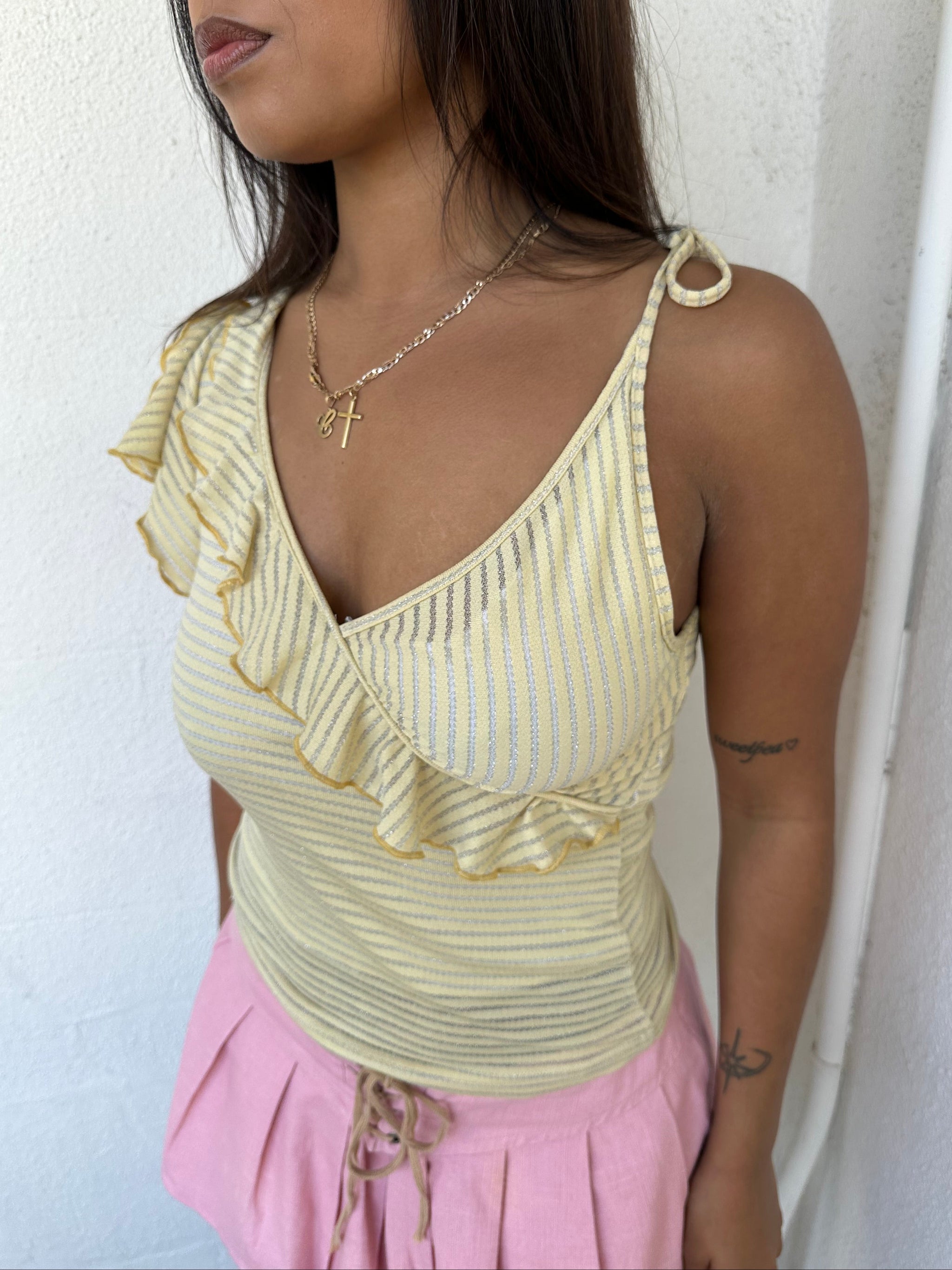 Asymmetric Yellow & Silver Stripe Top