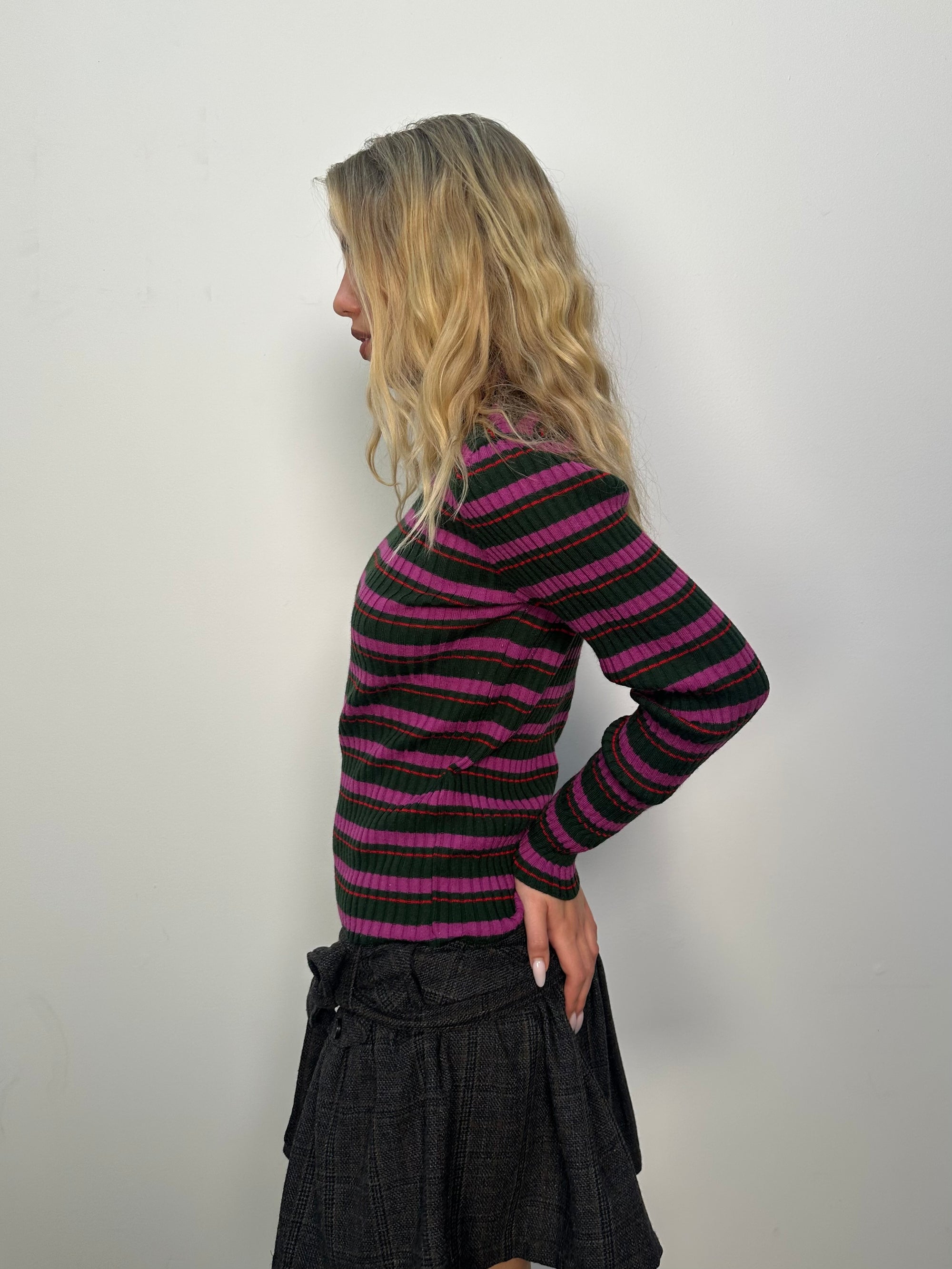 Pink & Khaki Stripe Ribbed Turtleneck - Size M
