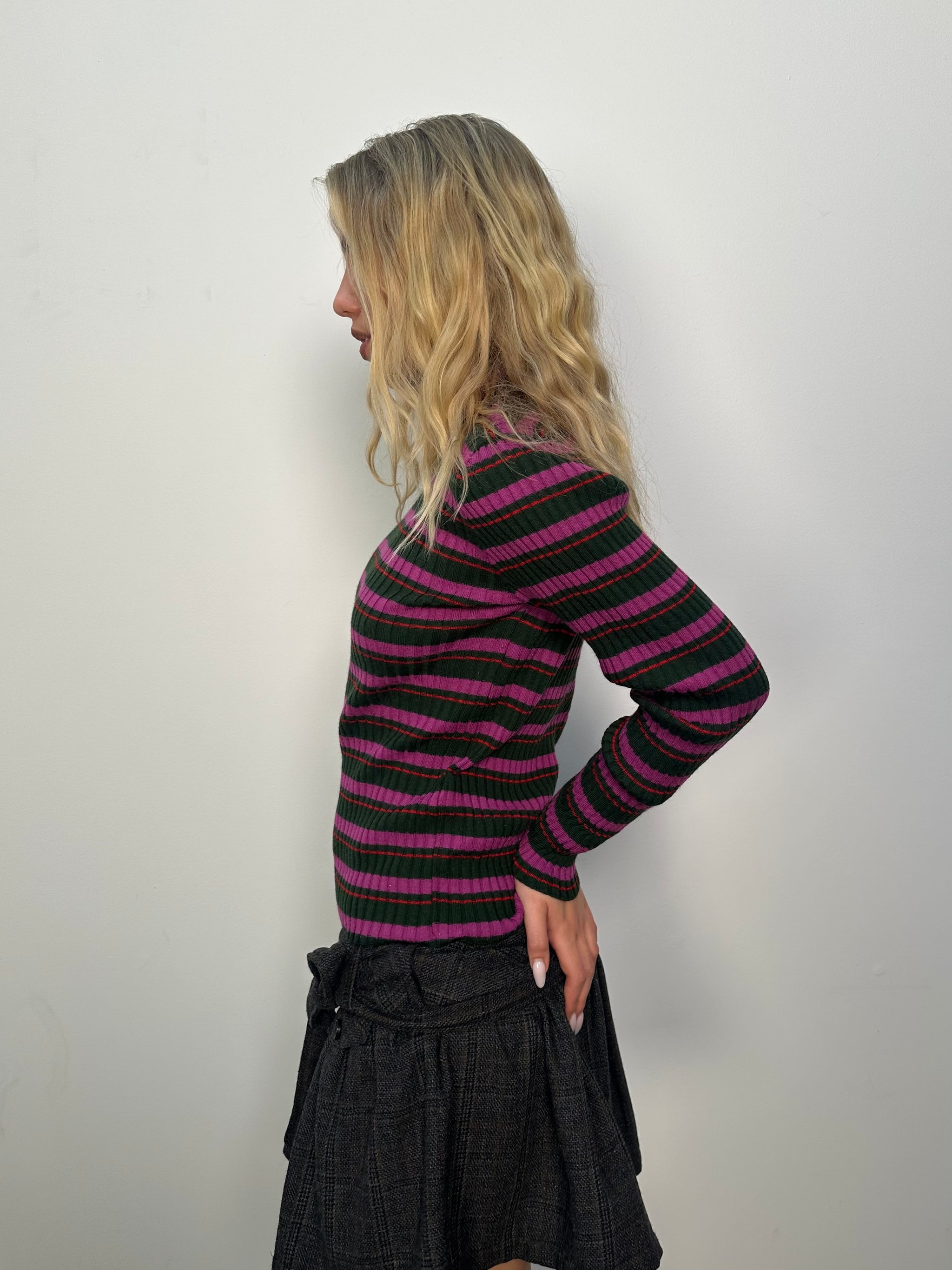 Pink & Khaki Stripe Ribbed Turtleneck - Size M