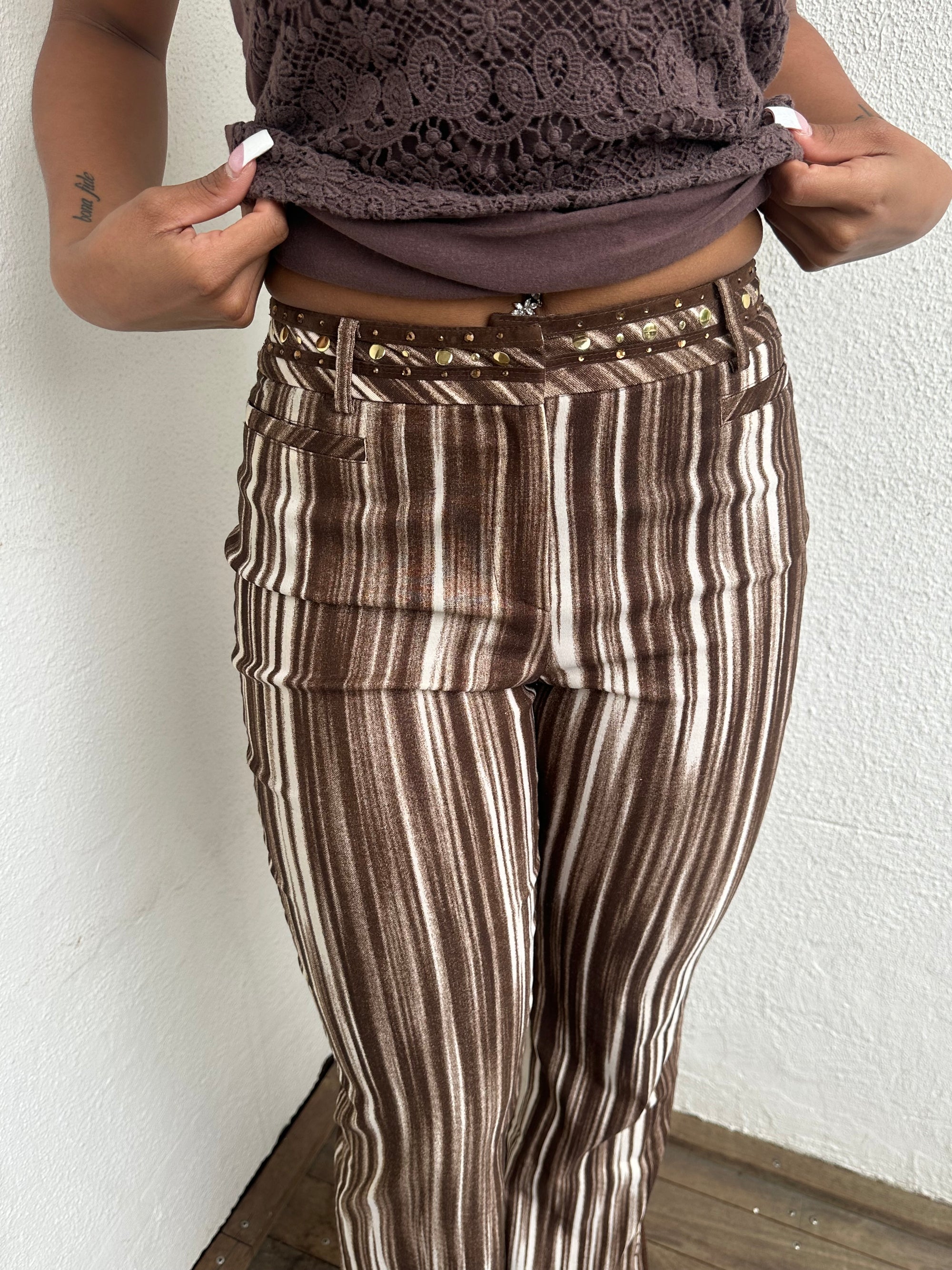 Brown & Cream Stripe Flared Pants