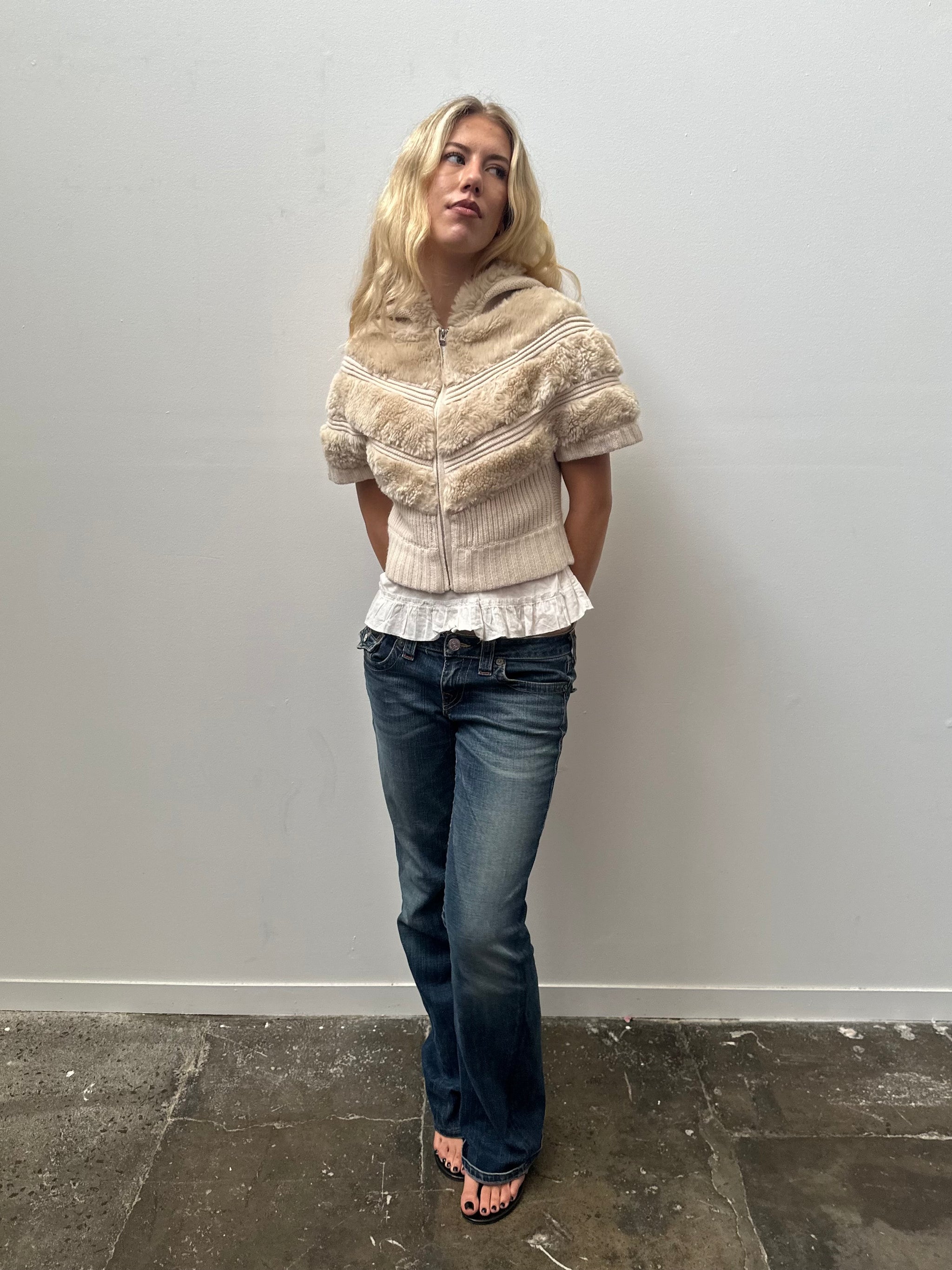 Cream Faux Fur Knitted Hoodie - Size S