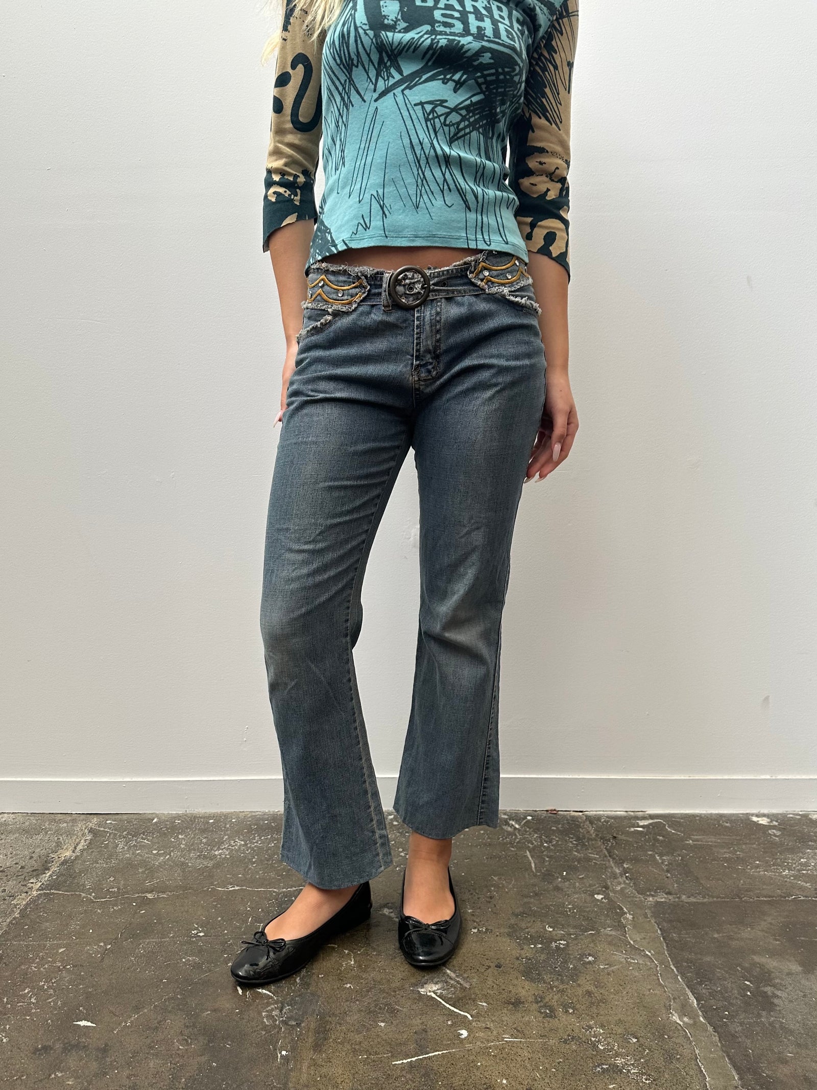 Embroidered Belt Lowrise Bootcut Jeans - Size S