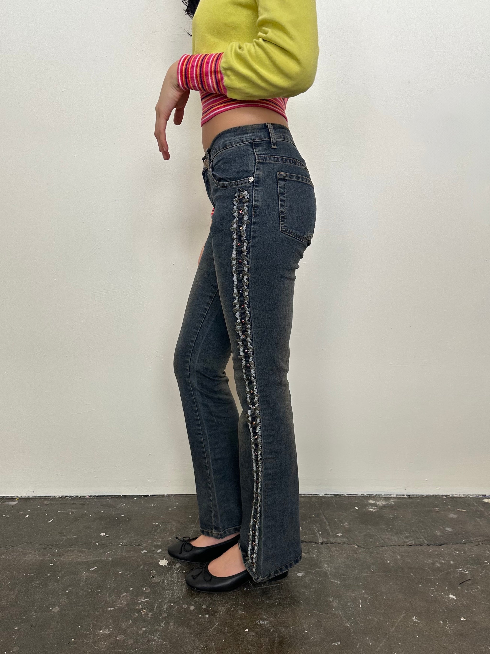 Rhinestoned Dark Wash Mid-rise Bootcut Jeans - Size XS