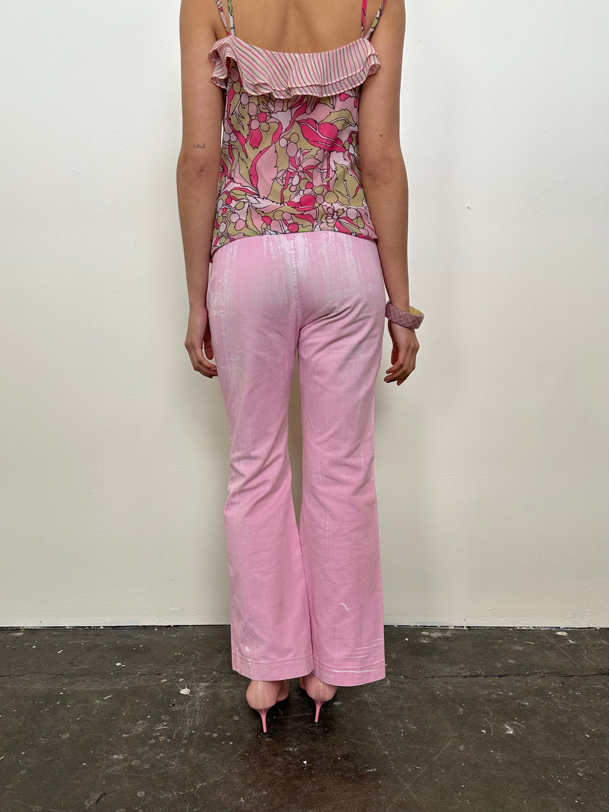 Baby Pink Flower Printed Bootleg Pants - Size M
