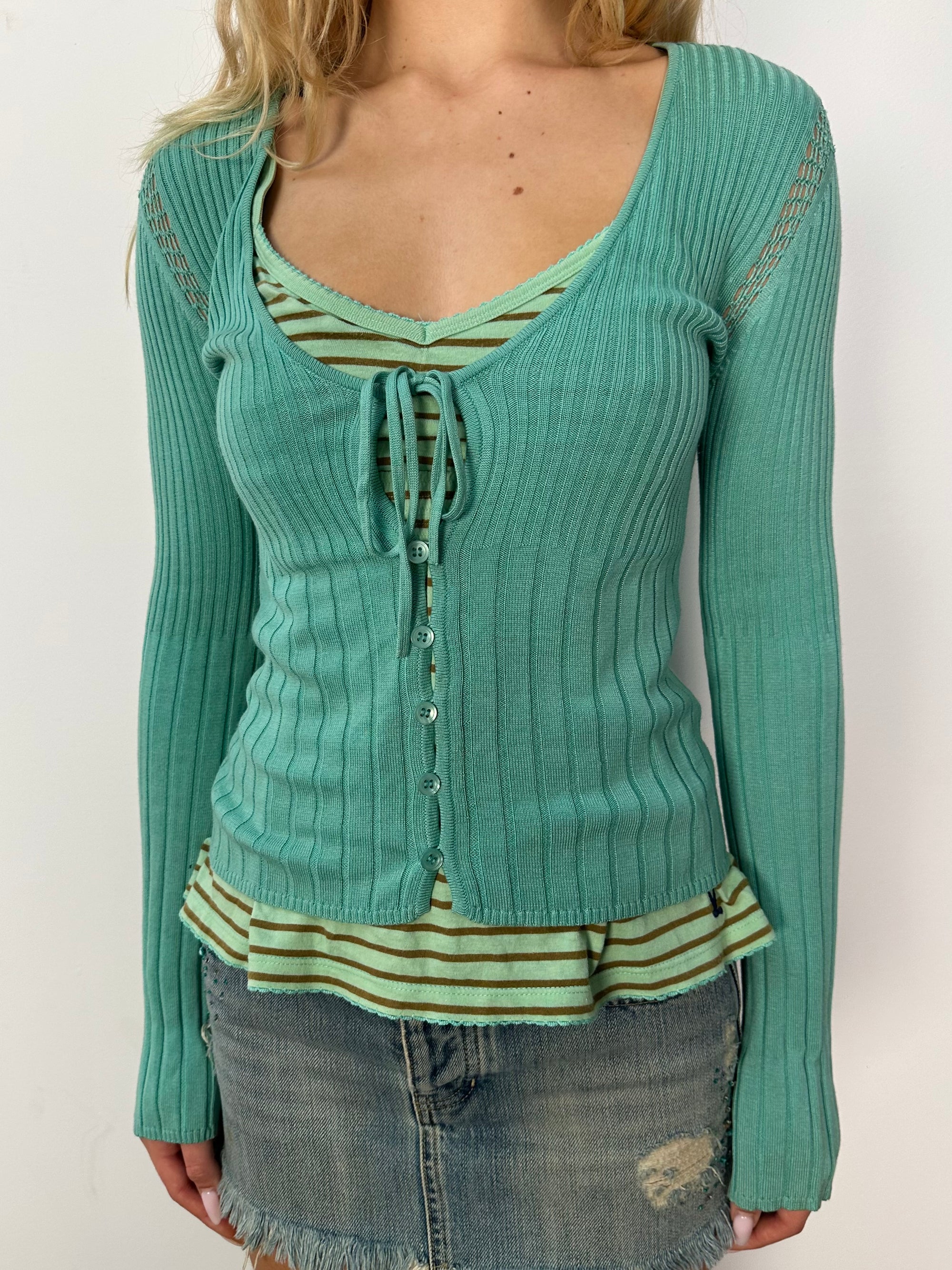 Turquoise Knitted Tie Up Cardigan - Size S
