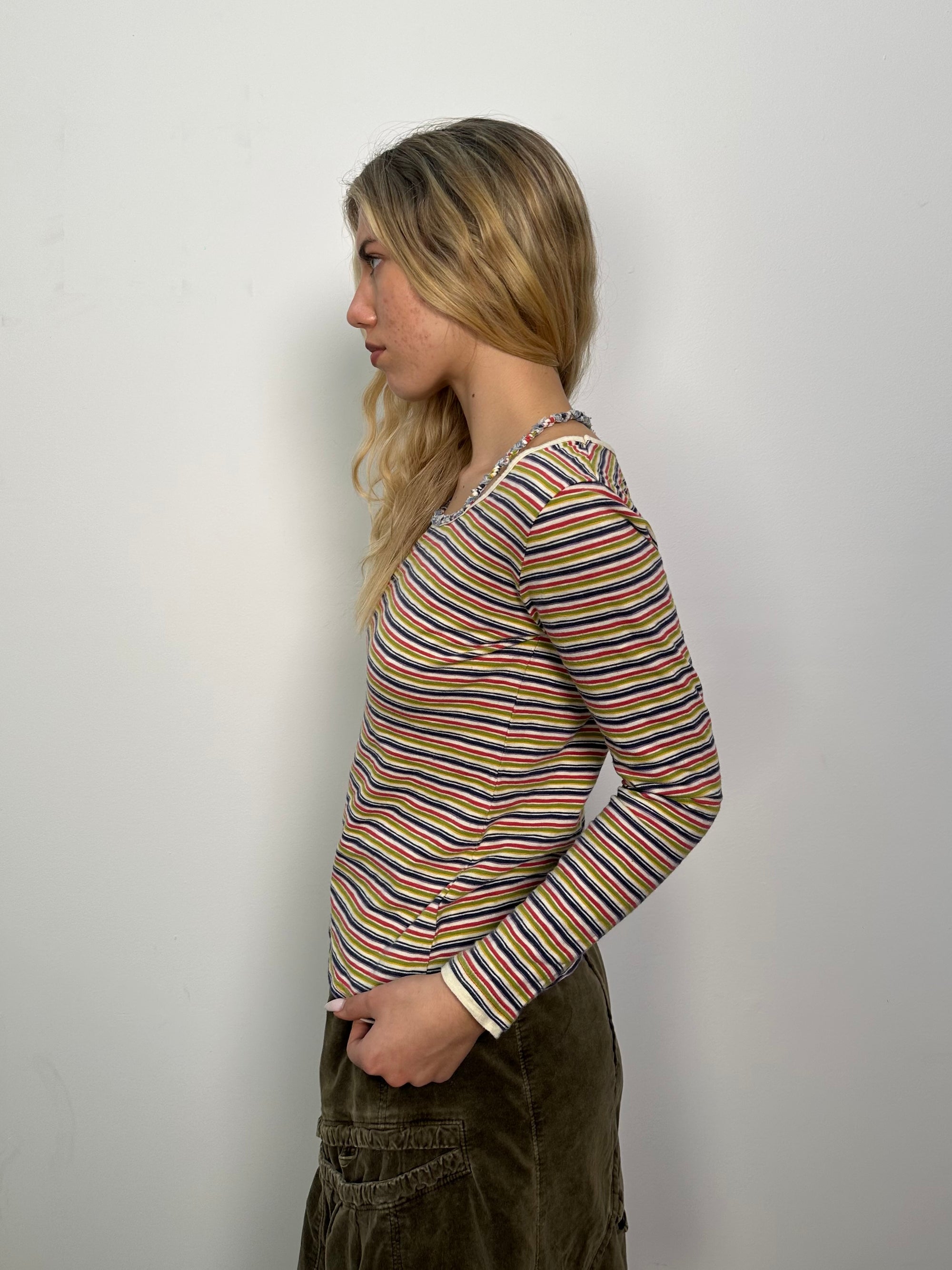 Braided Strap Multicoloured Stripe Long Sleeve Top - Size M