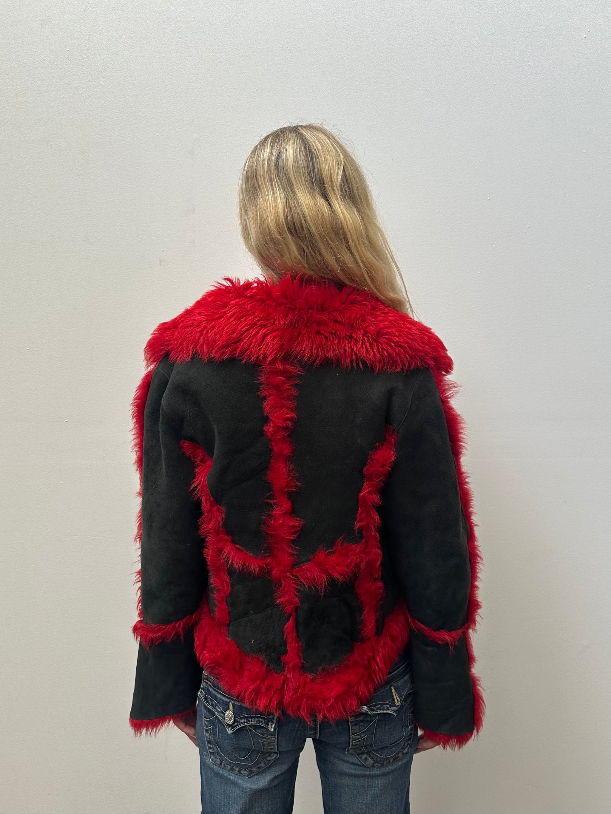 Red Faux Fur & Black Suede Coat - Size L