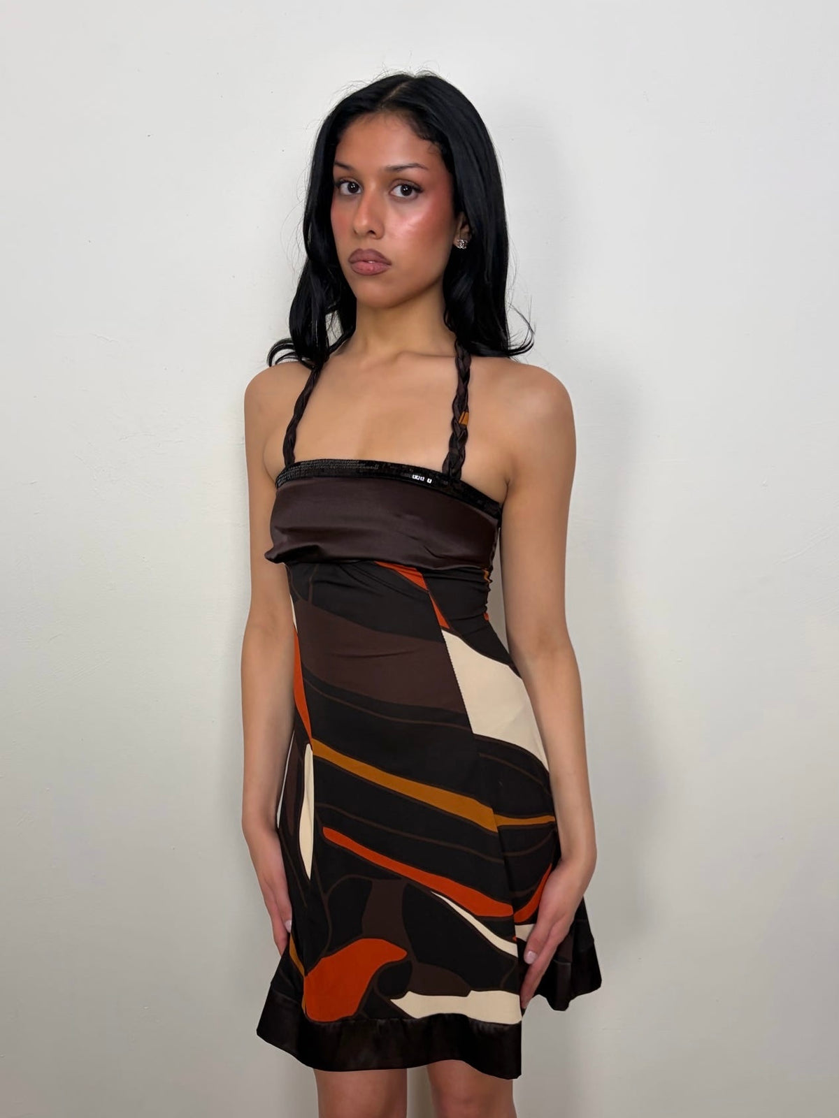 Brown & Orange Swirl Patter Halter Dress - Size XXS