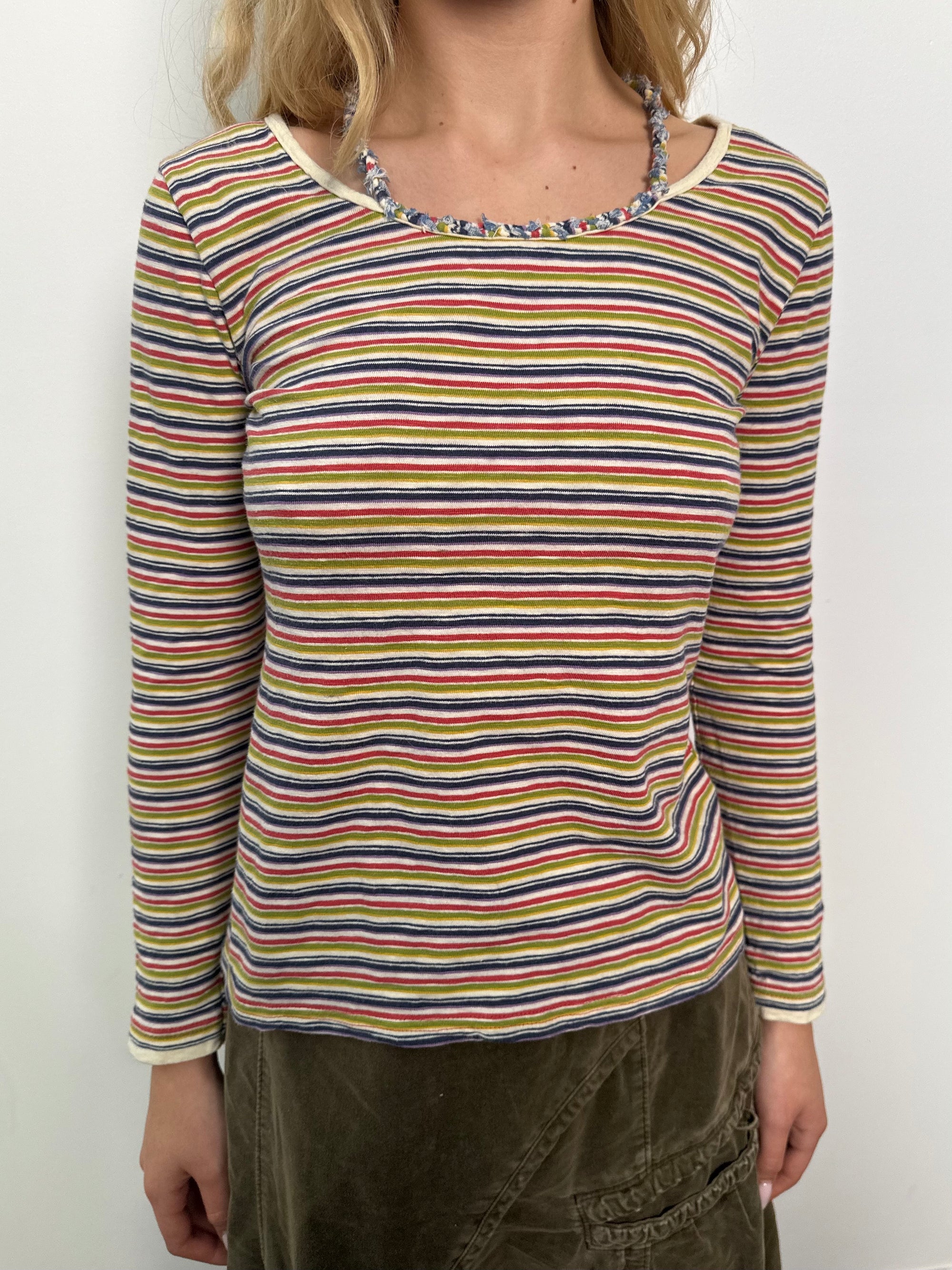 Braided Strap Multicoloured Stripe Long Sleeve Top - Size M