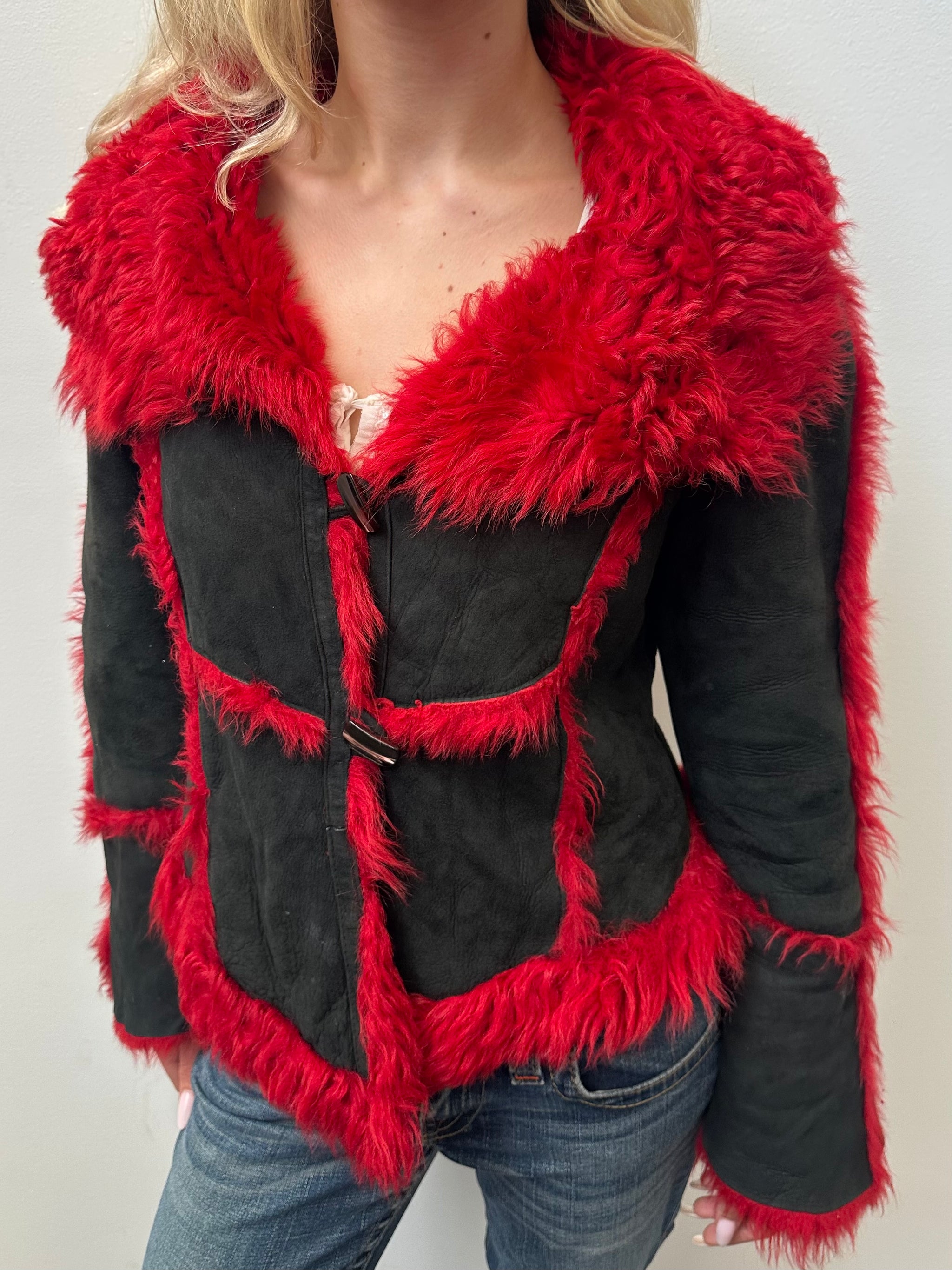 Red Faux Fur & Black Suede Coat - Size L