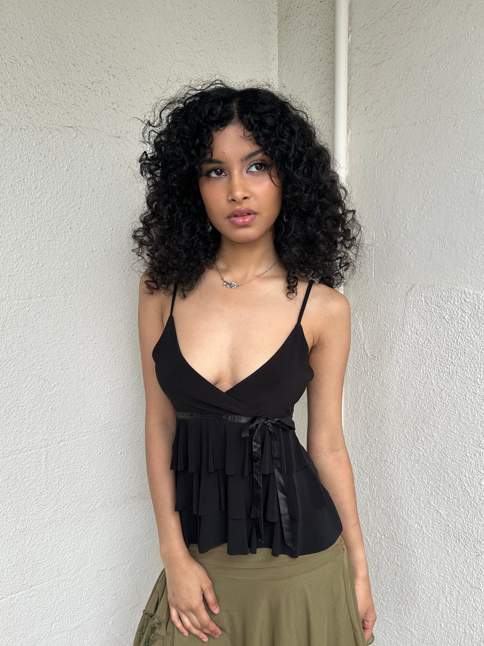 Black Y2K Ruffle Layered Cami - Size S