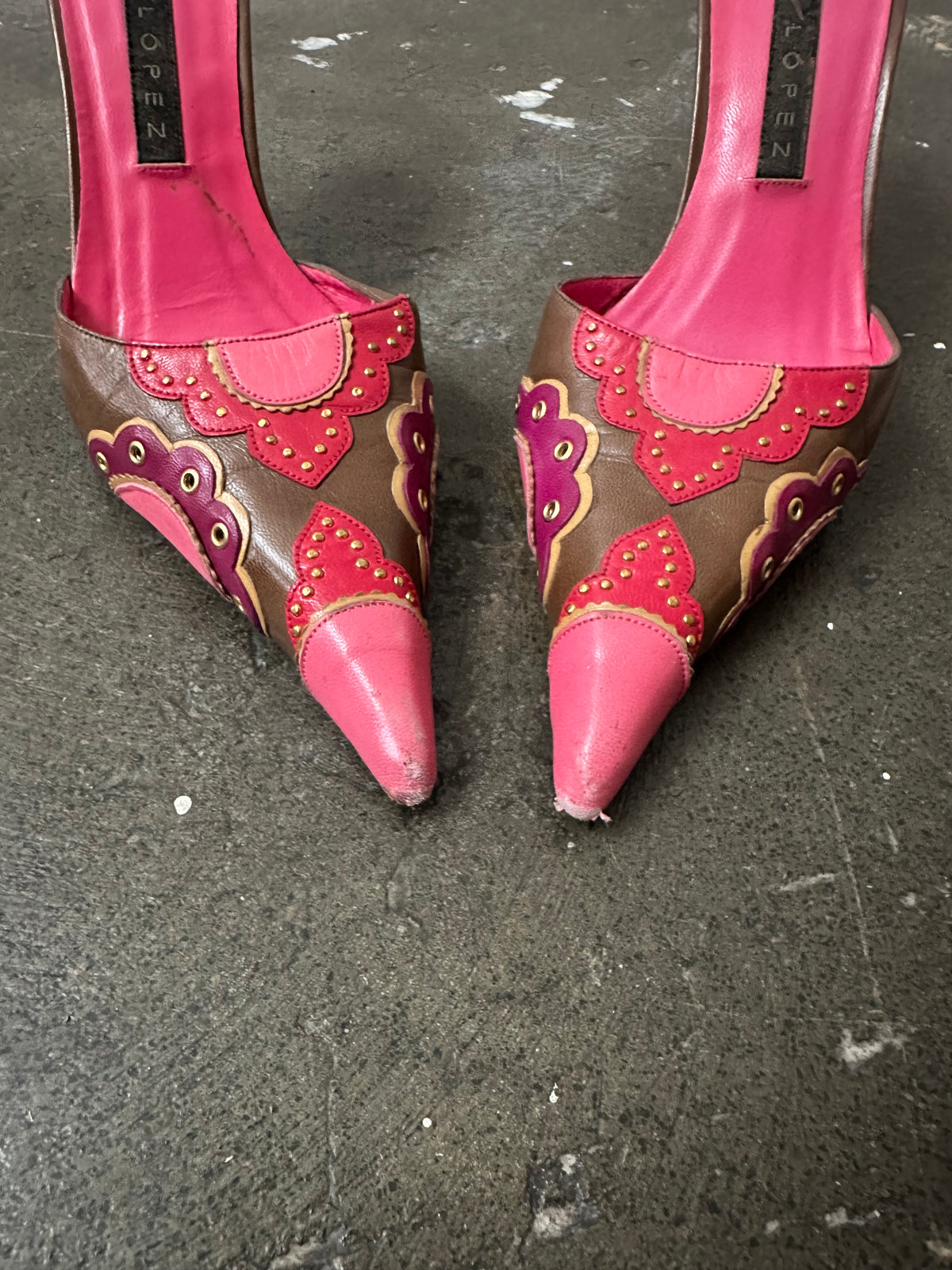 Pink & Brown Embossed Pattern Leather Kitten Heels - Size EU 36