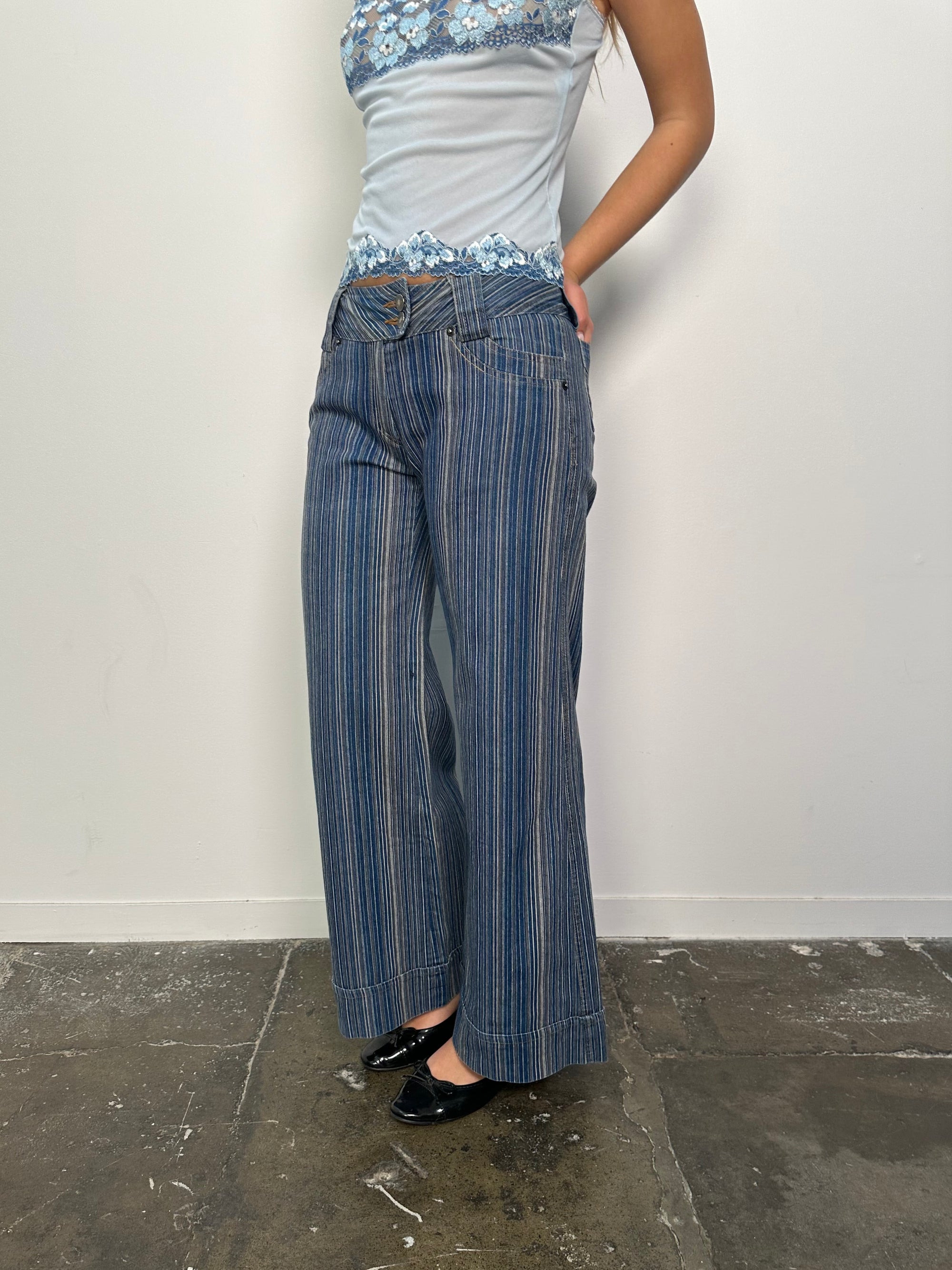 Low-rise Fine Stripe Blue Denim Wide Leg Jeans - Size M