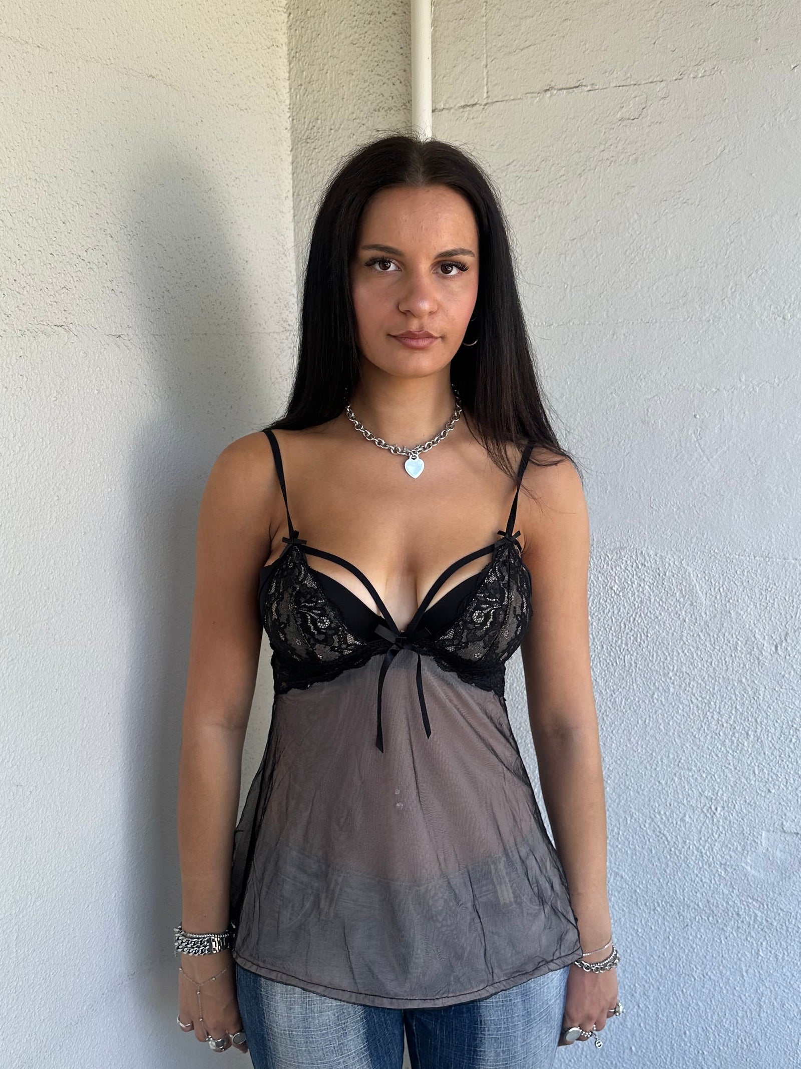 Black Cut Out Lace Bust Cami - Size S