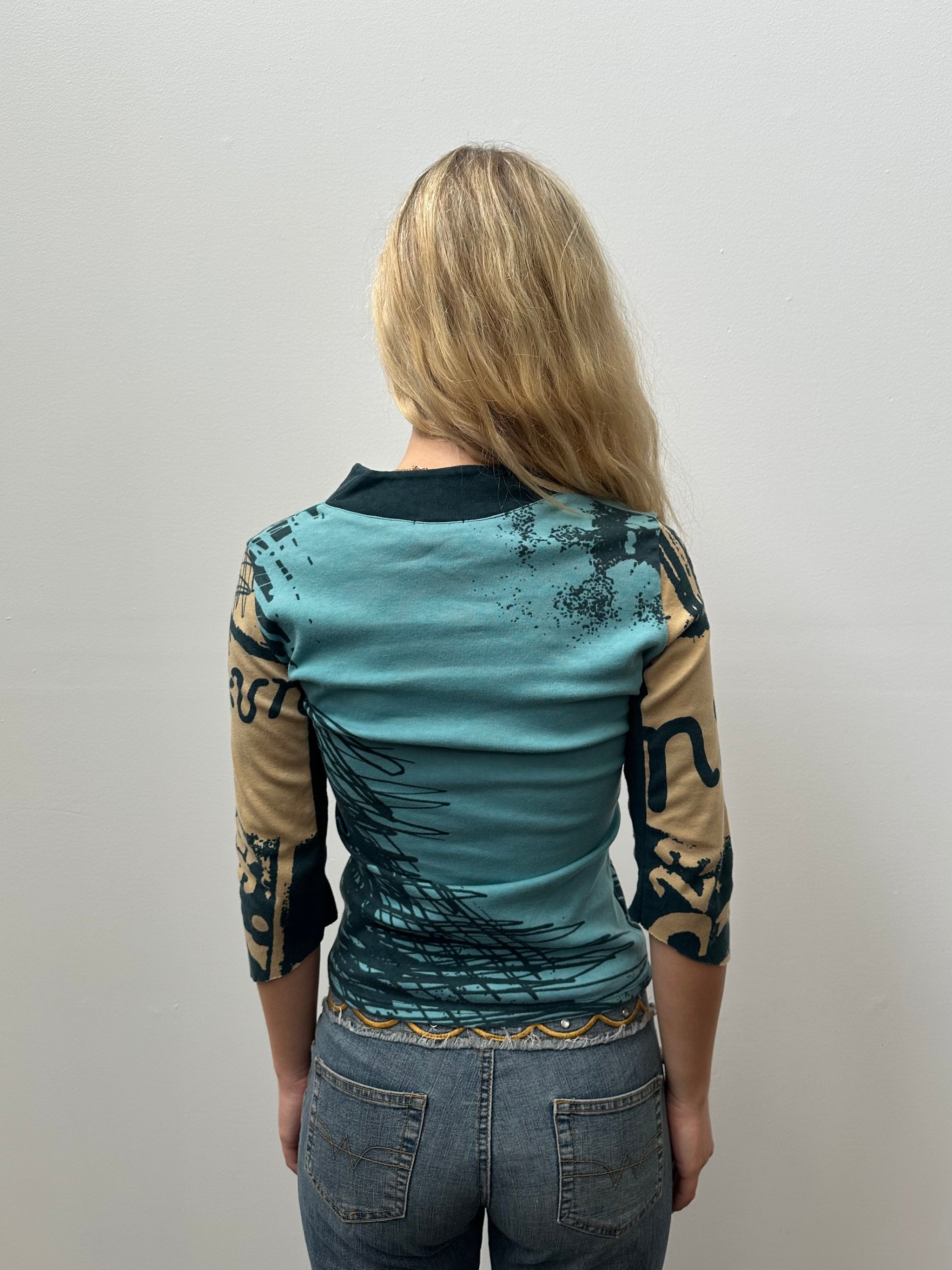 Blue Graphic 3/4 Sleeve Top - Size S