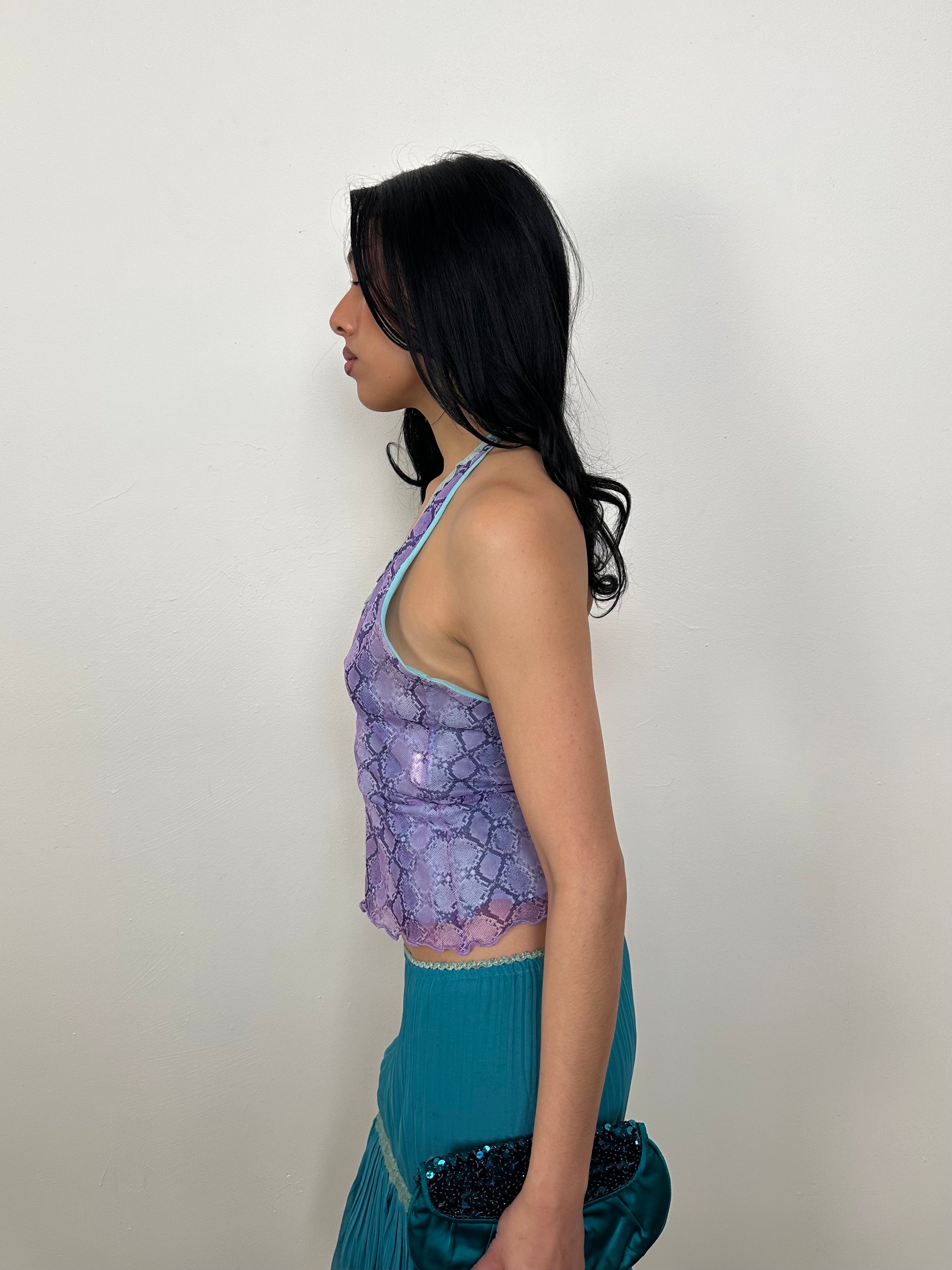 Lilac & Turquoise Snake Print Mesh Halter Top - Size M
